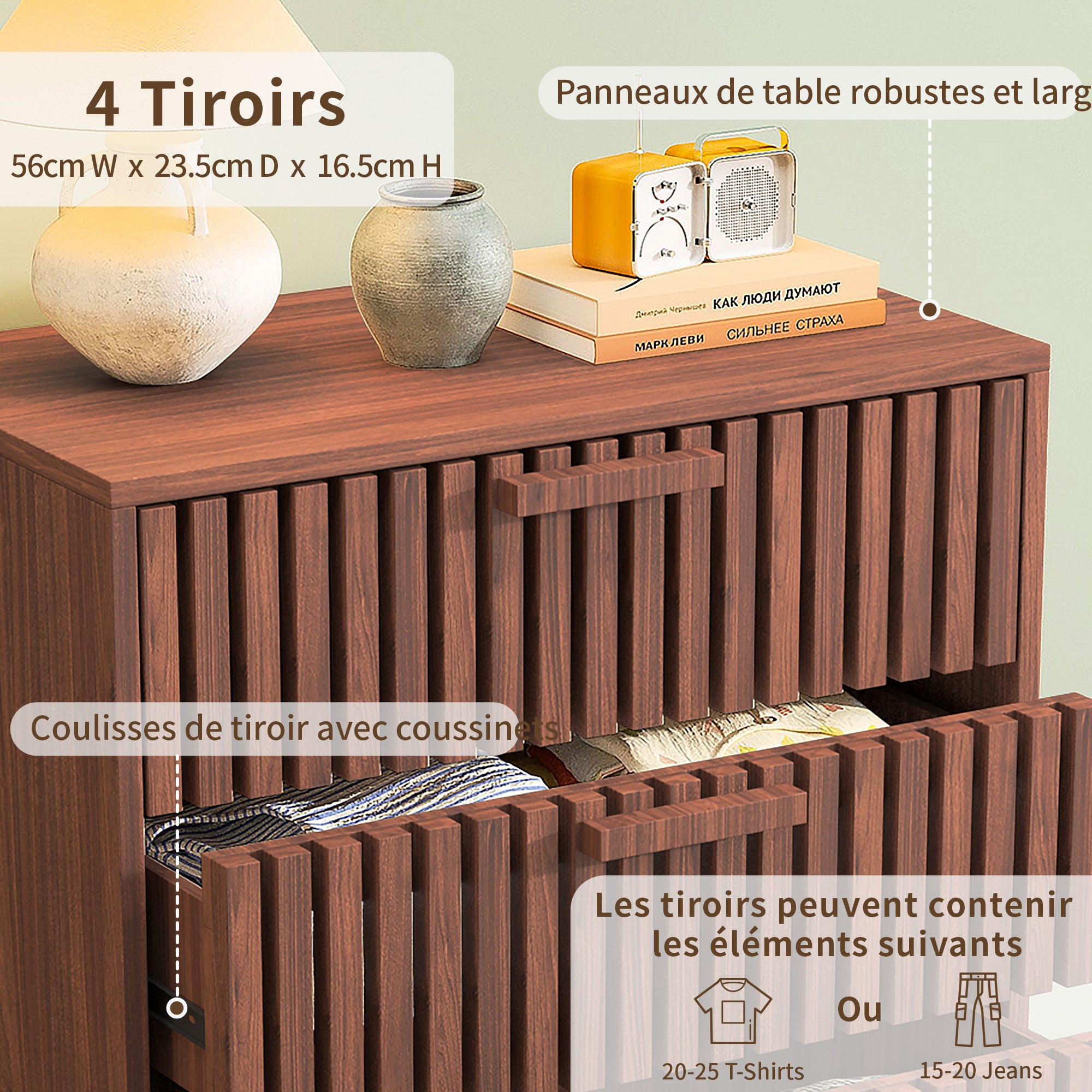 Commode 4 tiroirs poignées - Chiffonnier - patins antidérapants+Conception anti basculement métal - B60 cm - grand espace de rangement - coloris noyer - 5