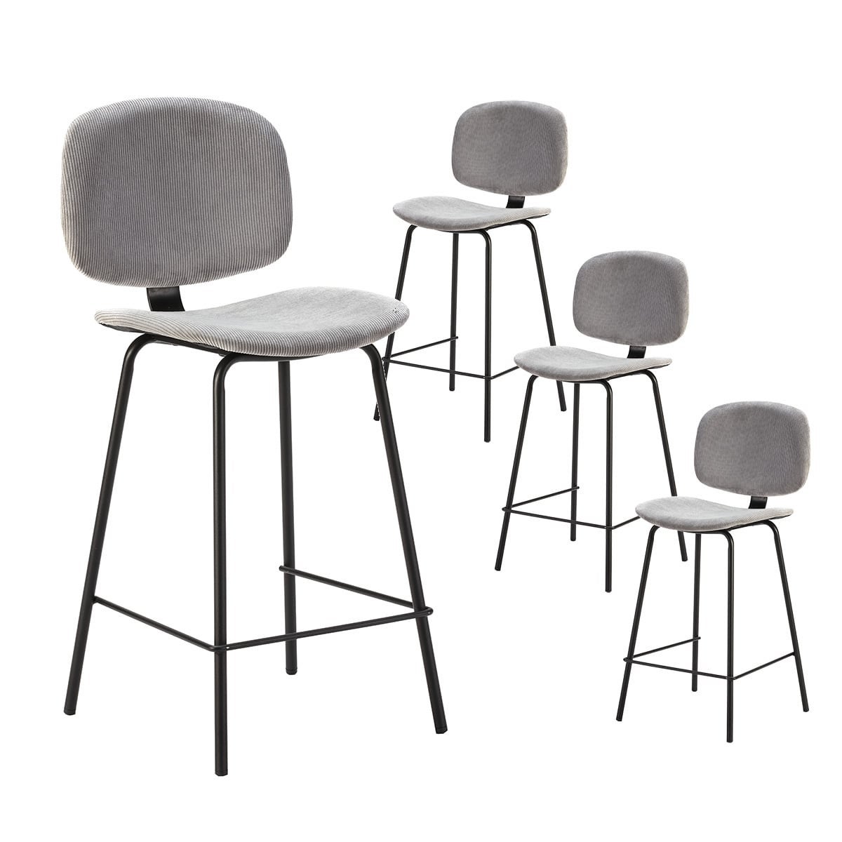 GARY - Lot de 4 Tabourets en Velours Côtelé Gris Clair Piétement Métal ...