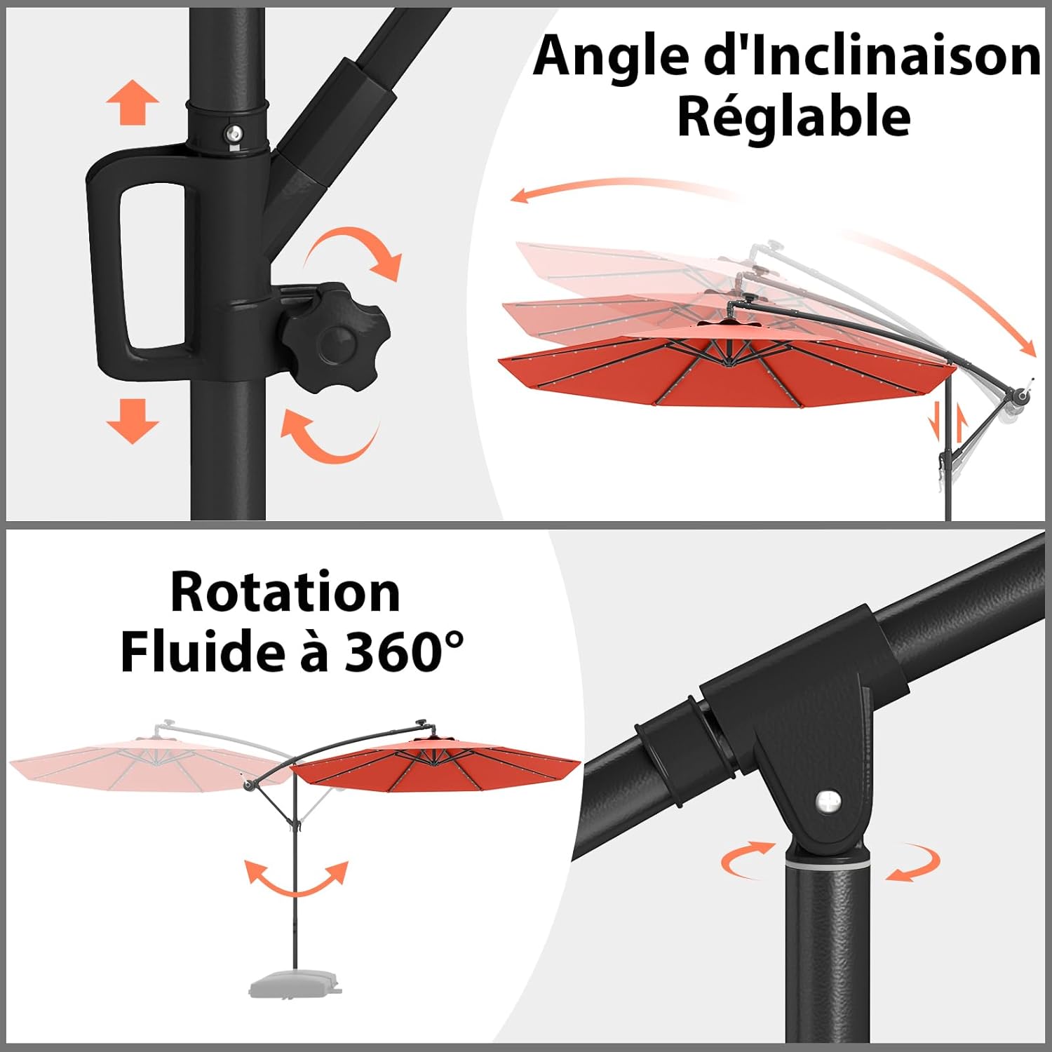 3M Parasol Déporté avec 32 LED Solaires, Parasol de Jardin 8 Baleines avec Tissu Protection Solaire, Parasol Inclinable Rotatif à 360°, Orange - 6
