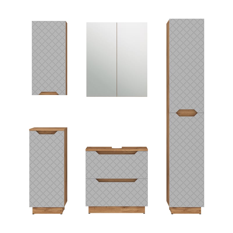 Vicco Zestaw mebli łazienkowych Lotta, Dąb/szary ze strukturą płytek, 5 części