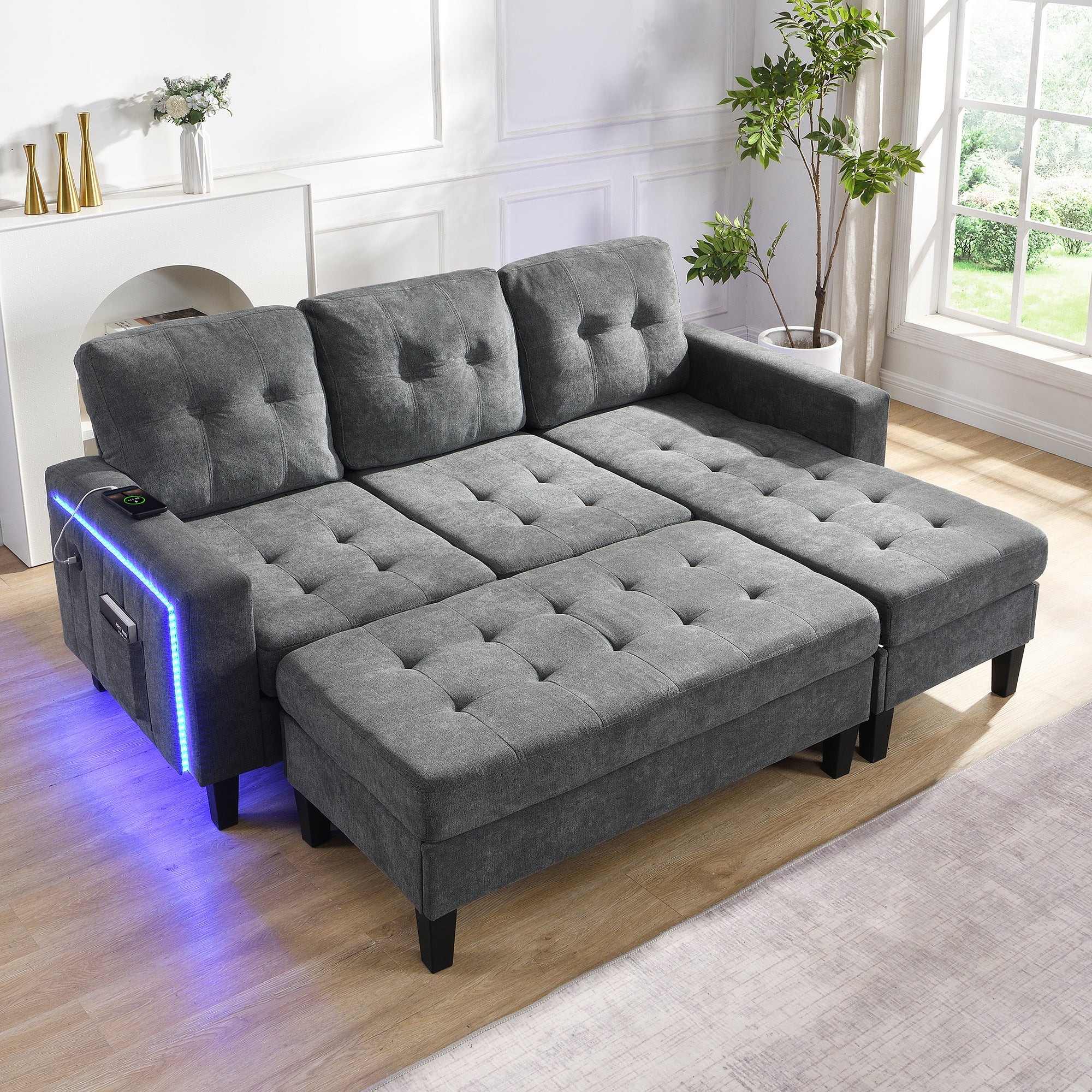 Zestaw wypoczynkowy w kształcie litery L 185x135x85cm - z wyjmowanym podnóżkiem i oświetleniem LED - z USB - dowolna kombinacja - Szary