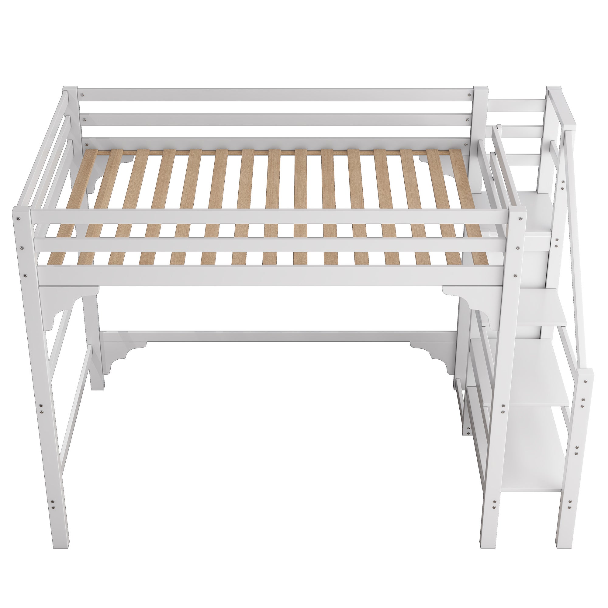 Lit mezzanine 140x200 cm, lit ados avec marches, armoire, blanc, sans matelas - 9