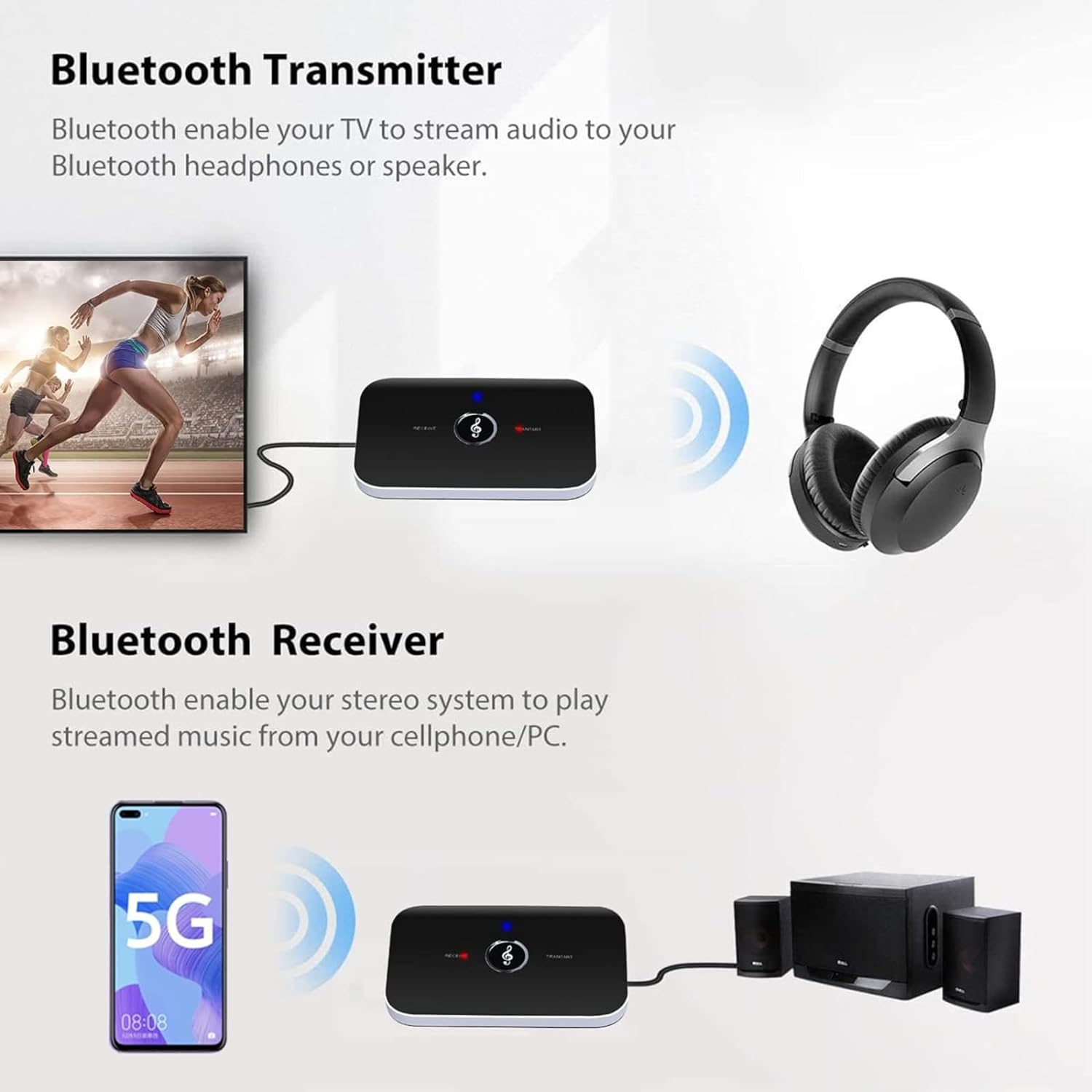Adaptateur Bluetooth Récepteur, Émetteur 5.0 Transmetteur 2 en 1 avec Sortie 3,5mm Adaptateur/Convertisseur Bluetooth Audio RCA - 4