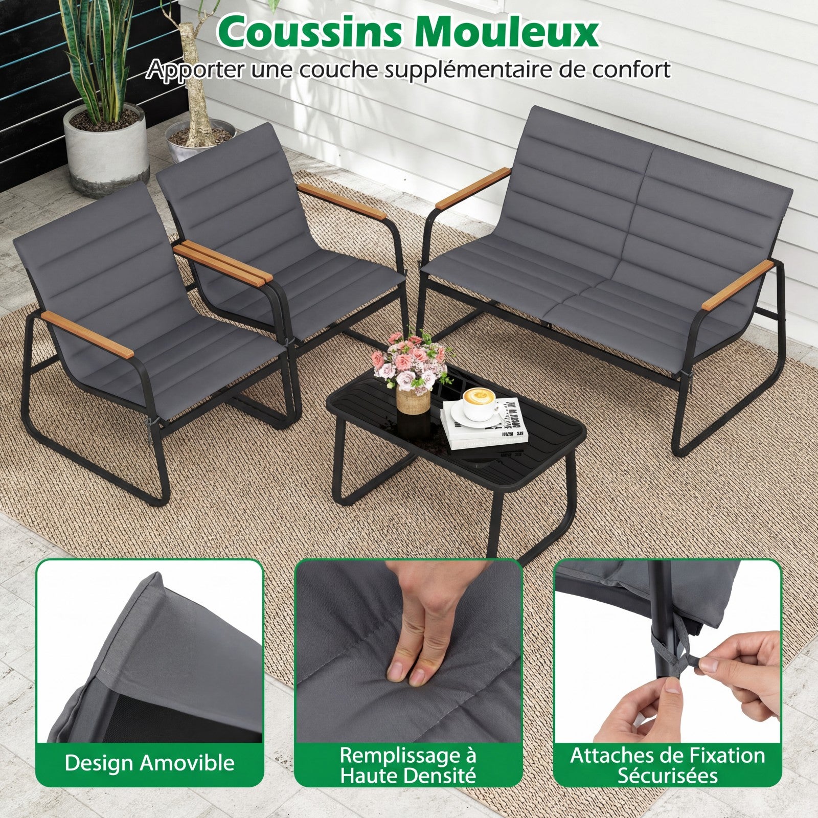 Conjunto de lounge para jardim exterior para 4 pessoas com almofadas amovíveis, conjunto de 4 peças com sofá de jardim, cadeiras e 1 mesa - 4