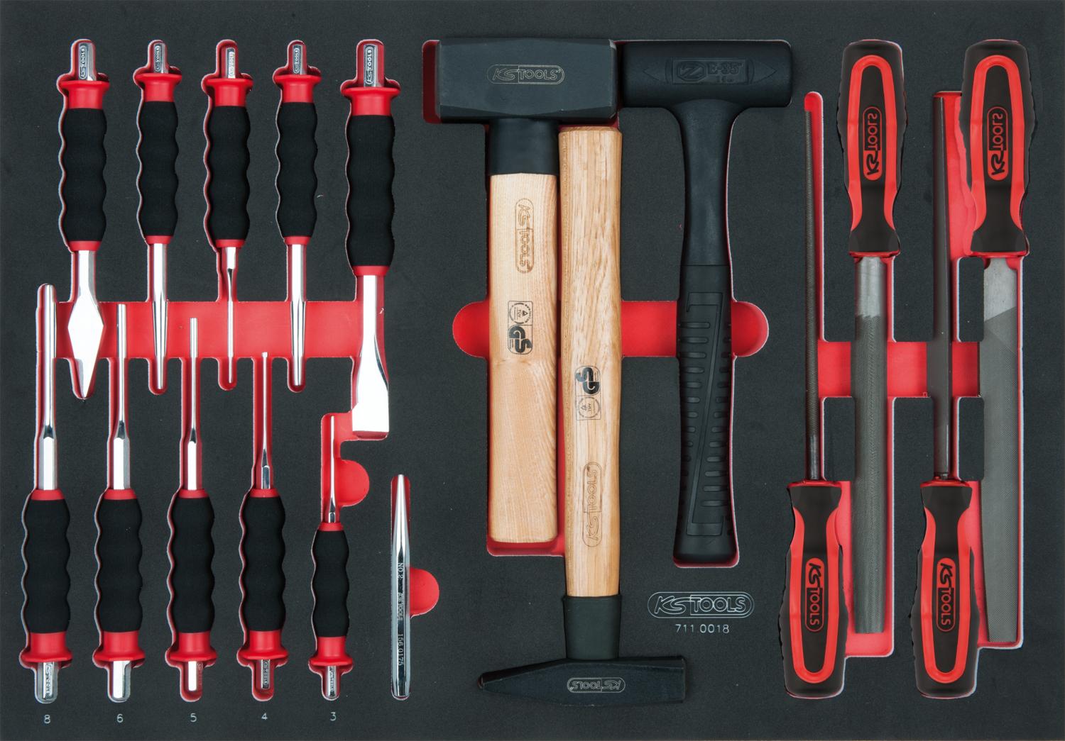 KS TOOLS SCS Zestaw pilników, dłut i młotków 18-częściowy w systemowej wkładce 1/1 - 711.0018