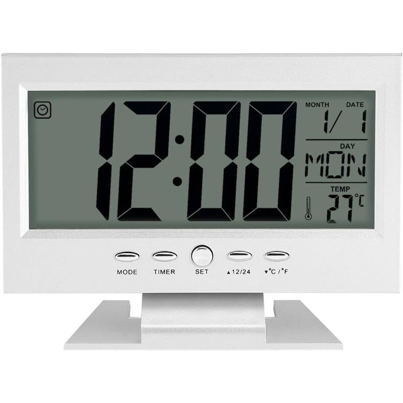 Ceas digital multifuncțional cu calendar și alarmă LCD pentru birou, cu lumini de noapte și funcție de amânare/dată/temperatură (argintiu)