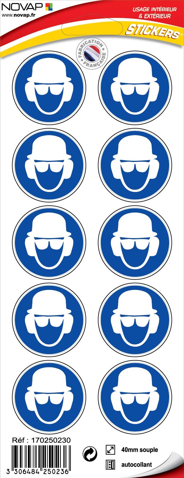 Planche 10 Pictogrammes Ø 40mm - Obligation de porter un casque, lunettes et casque anti bruit - 4250236