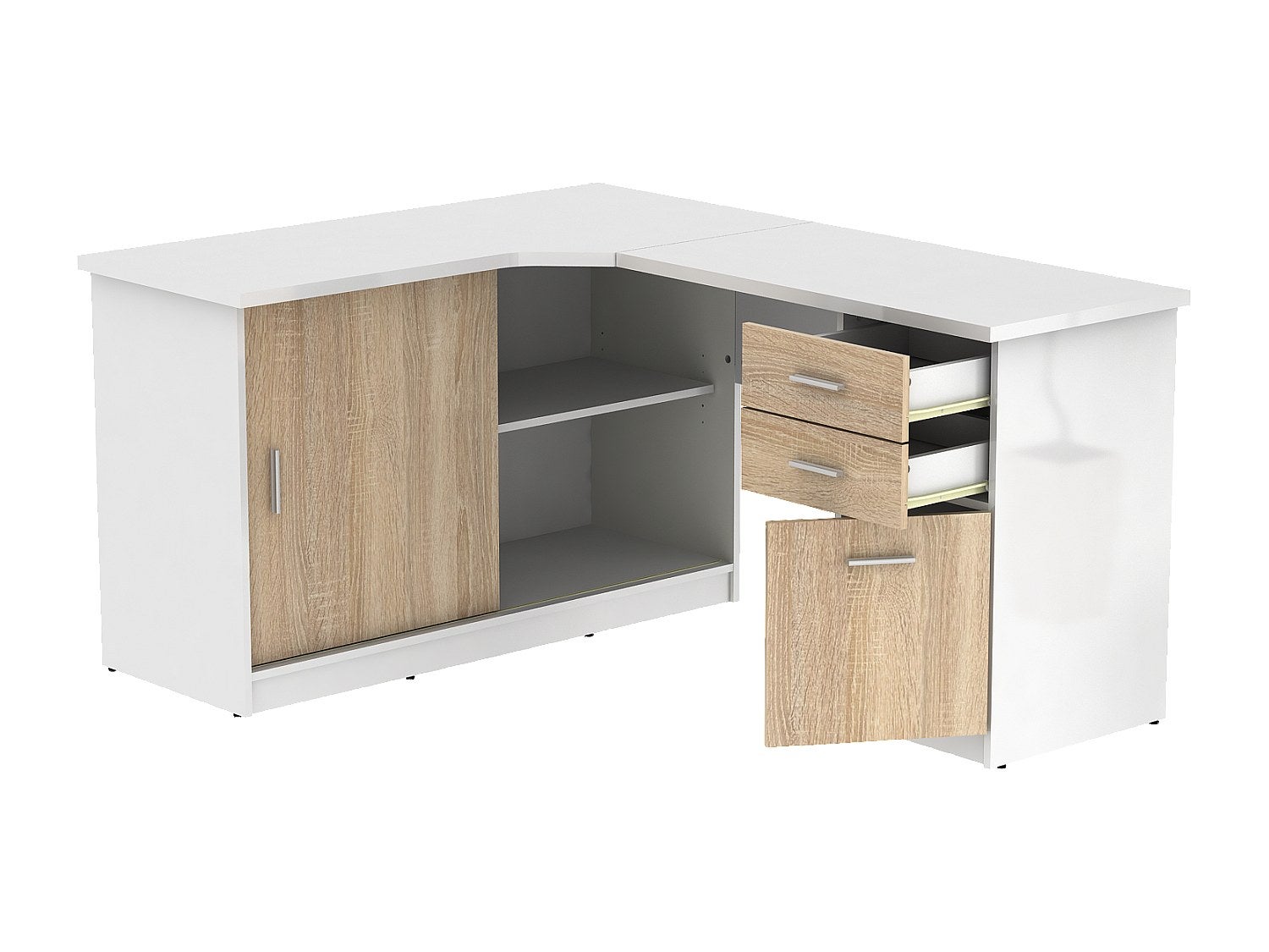 Bureau d'angle NORWY - 2 portes & 2 tiroirs - Blanc et chêne - 4