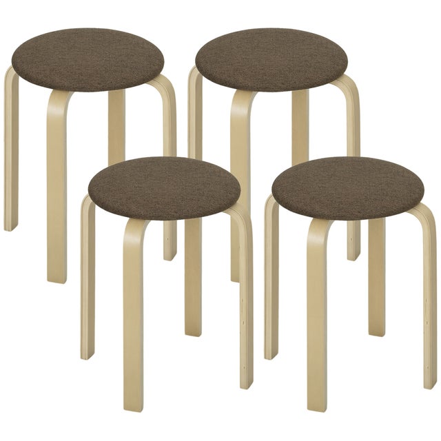 Lot de 4 poufs empilables en tissu avec surface laquée et pieds en bois marron