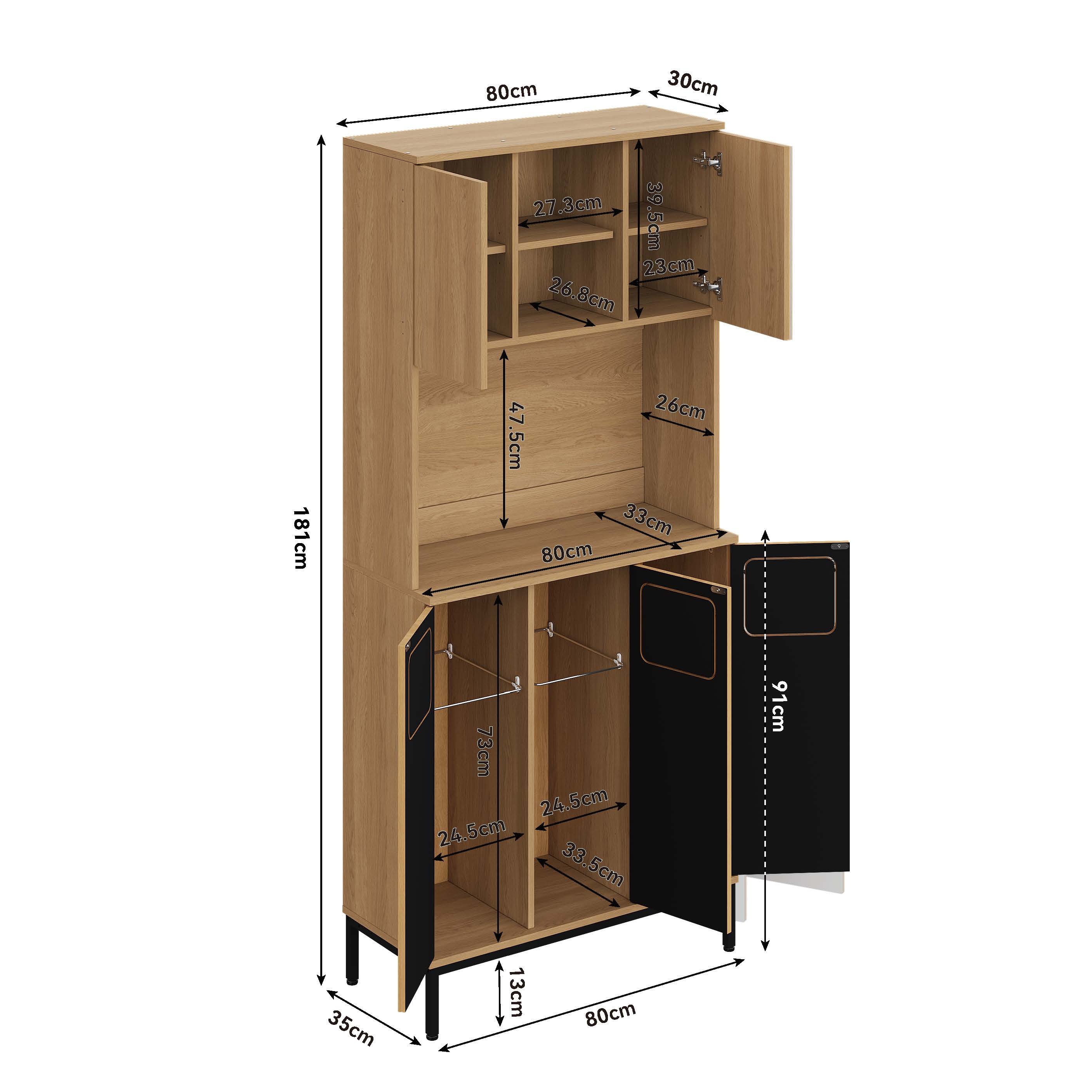 Armoire poubelles cuisine 3 portes tri sélectif hauteur 181 cm aspect chêne 3 compartiments micro-ondes aspirateur 80x35x181 cm - 7