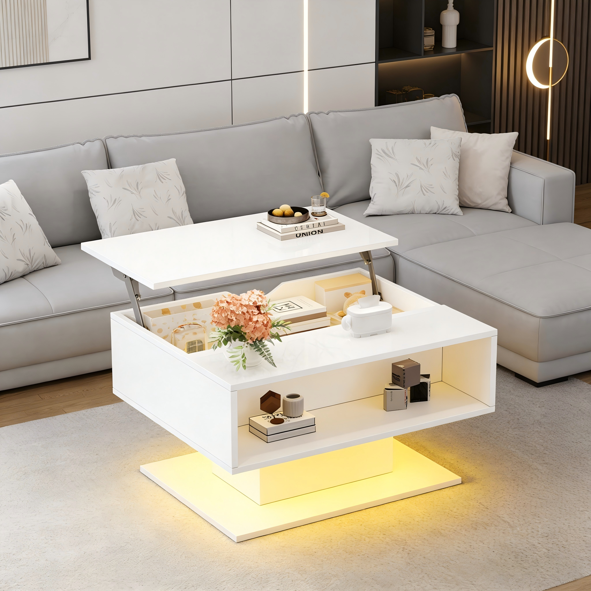 Wishdor  Mesa De Centro 80X75x40 Cm, Tablero Elevable, Almacenaje Con Led, Tablero De Partículas, Blanco , Leroy Merlin