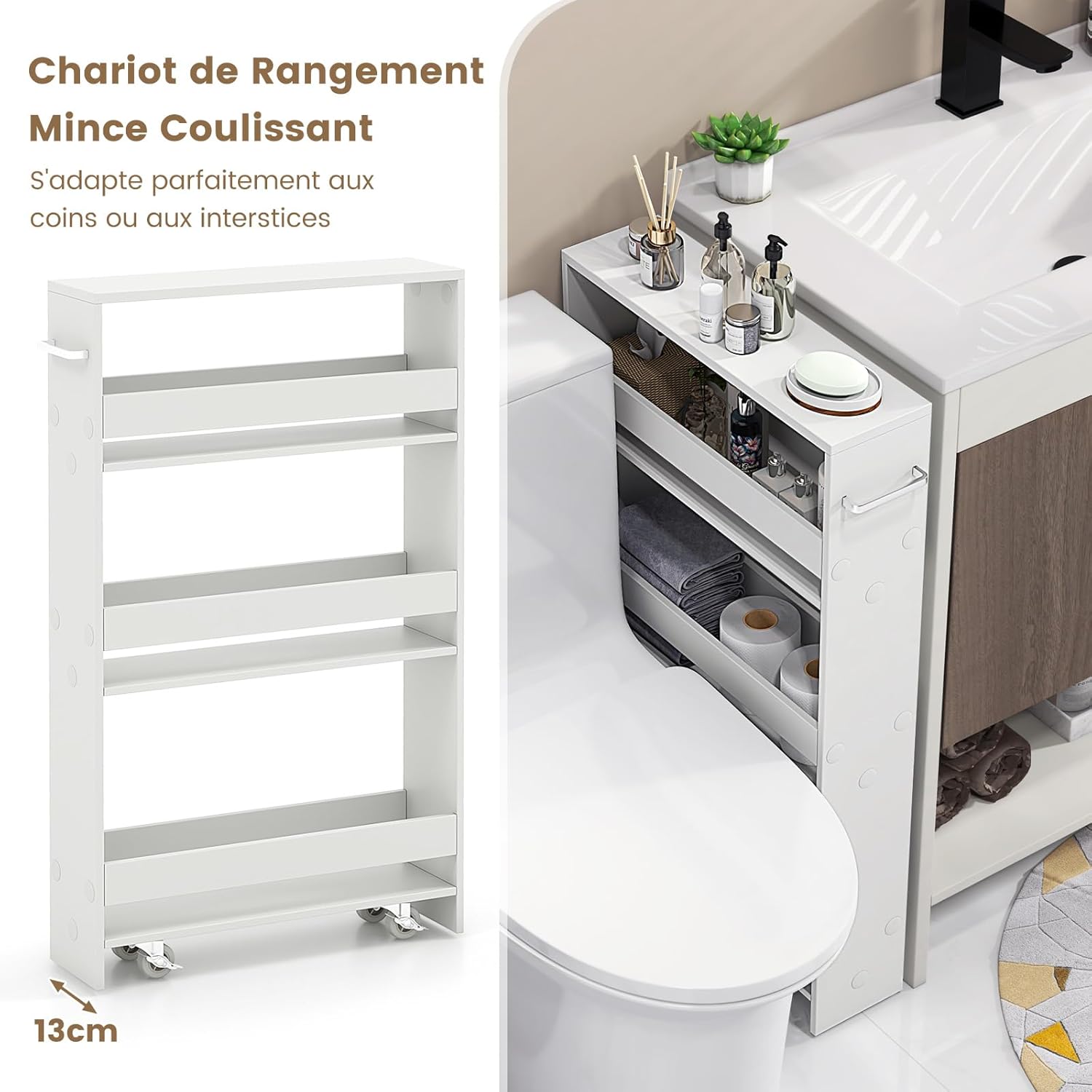 Chariot de Rangement Largeur 13 cm à roulettes, Desserte de Cuisine à 4 Niveaux, Poignée Latérale et Roues Universelles avec Freins (Blanc+ Blanc) - 6
