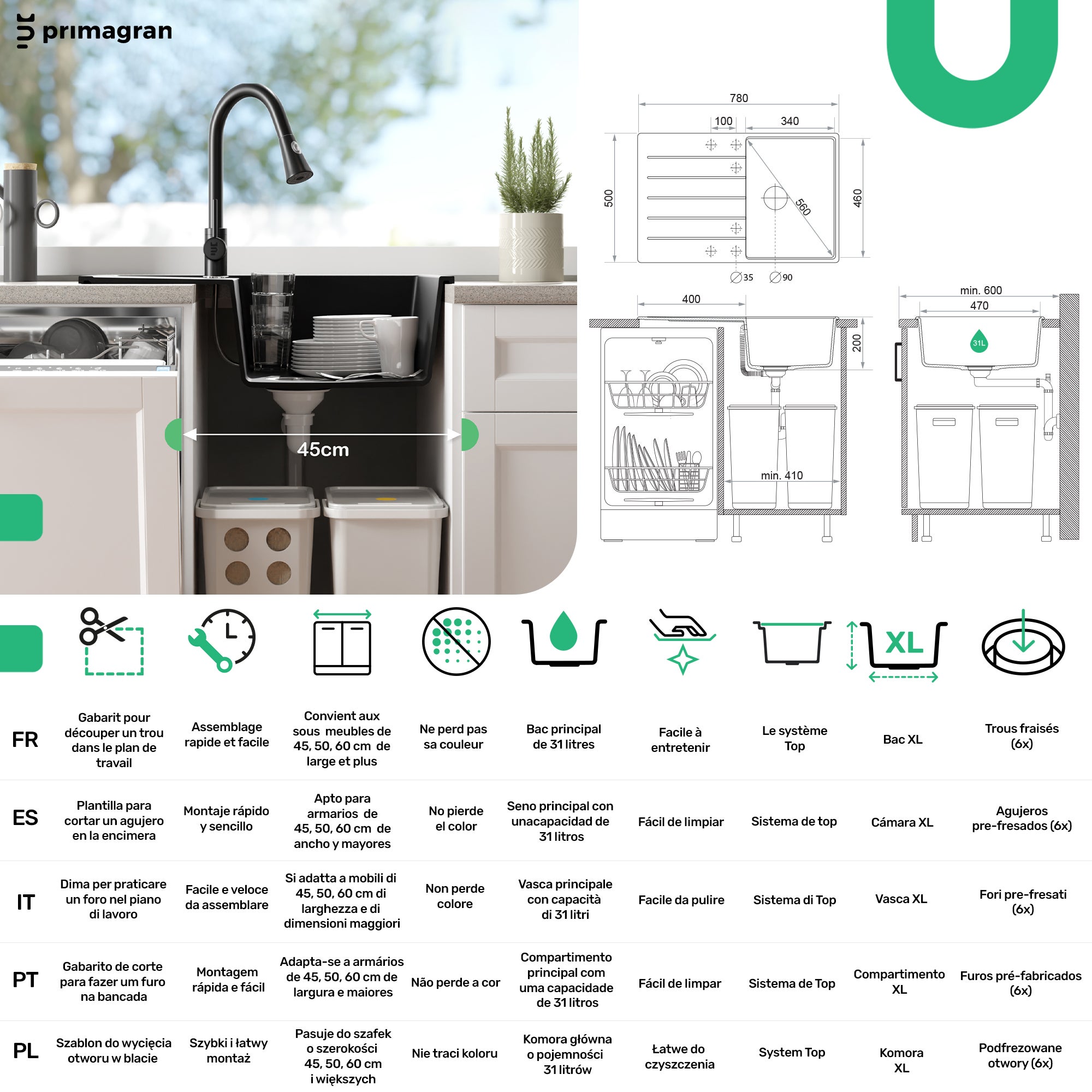 Lava-louça de pousar Branco 78x50cm, Pia de Cozinha 1 cuba + Kit de drenagem + Kit de acessórios, Pia em Granito em armários de 45cm PRIMAGRAN - 5