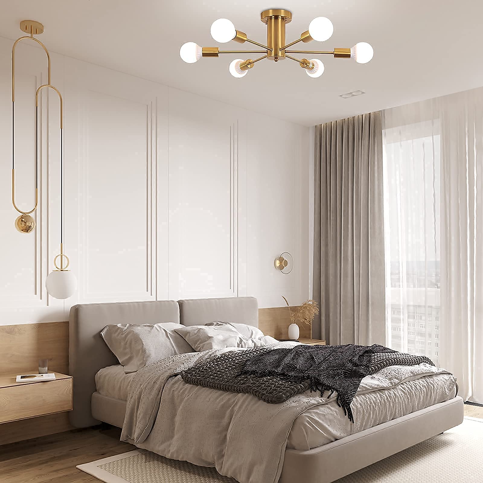 Lampa sufitowa półpłaska, lampa sufitowa z 6 głowicami, nowoczesny żyrandol Sputnik,lampawisząca z połowy XX wieku, złota (żarówka nie jest dołączona) - 6