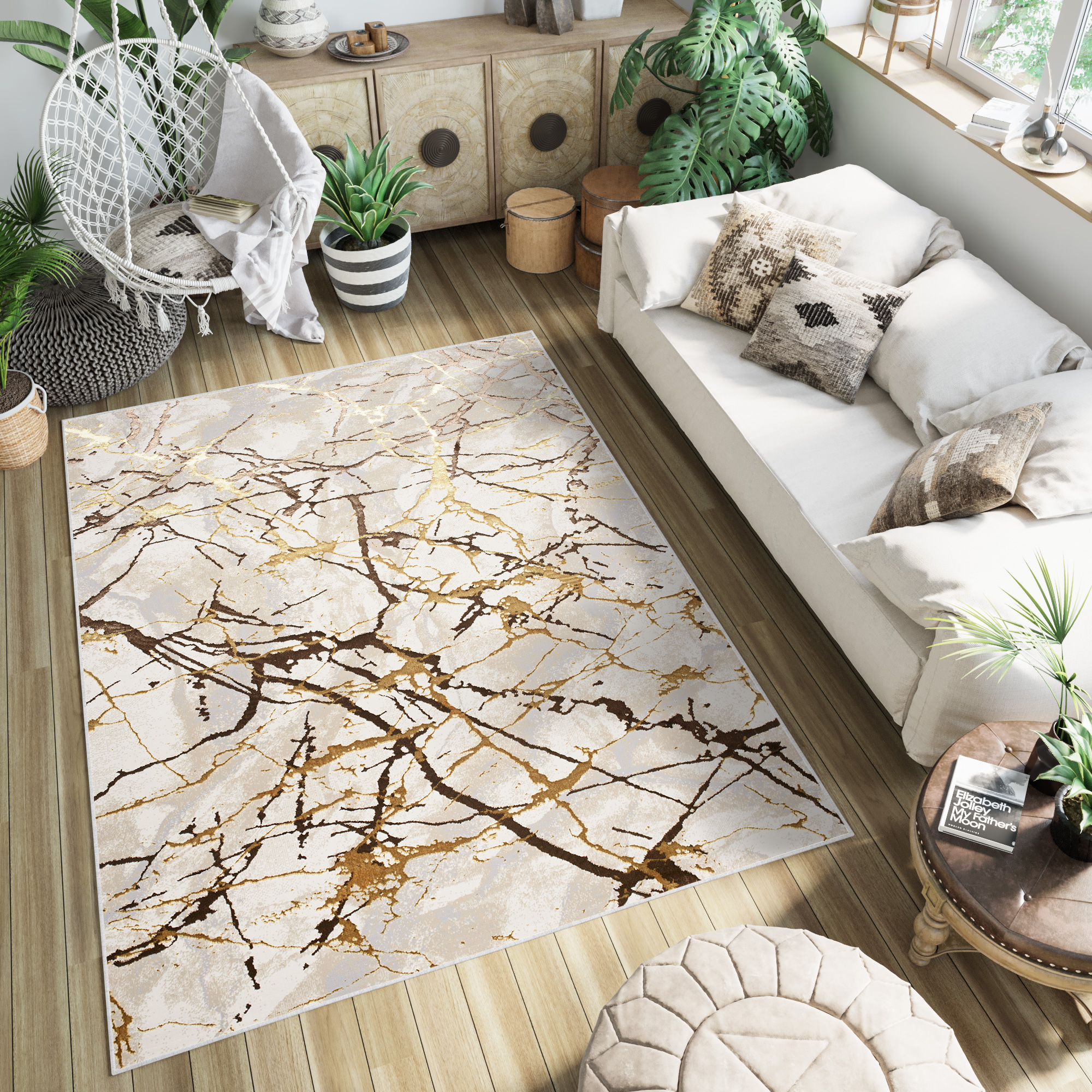 Tapiso golden alfombra de salón habitación moderno mármol beige dorado marrón chocolate gris crema pelo corto suave 80 x 150 cm