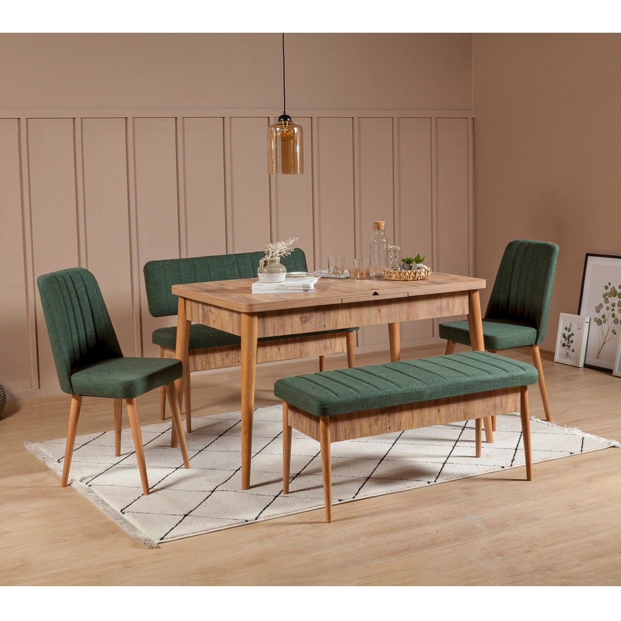 Banquette-coffre capitonnée avec dossier L110cm Scamnum Bois clair et Tissu Vert forêt - 4