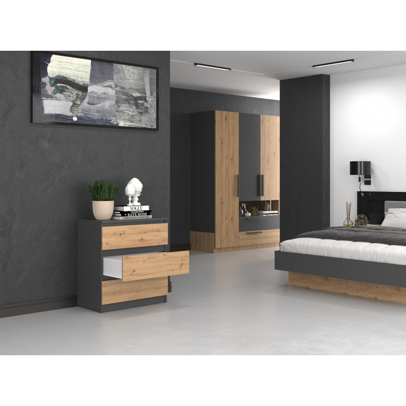 ASTER T3 - Commode de chambre 3 tiroirs - 77x70x40 - Meuble de rangement - Style Scandinave - Gris/Artisan - 4