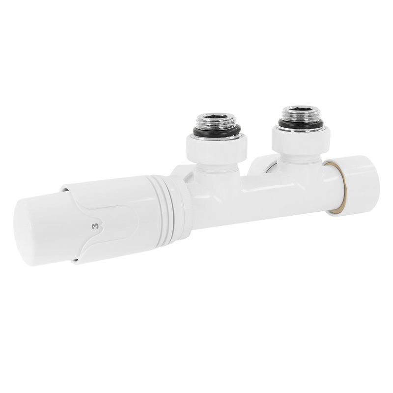 LuxeBath zestaw zaworów Multiblock bialy narozny z glowica termostatyczna do grzejników lazienkowych z podlaczeniem srodkowym zestaw przylaczeniowy