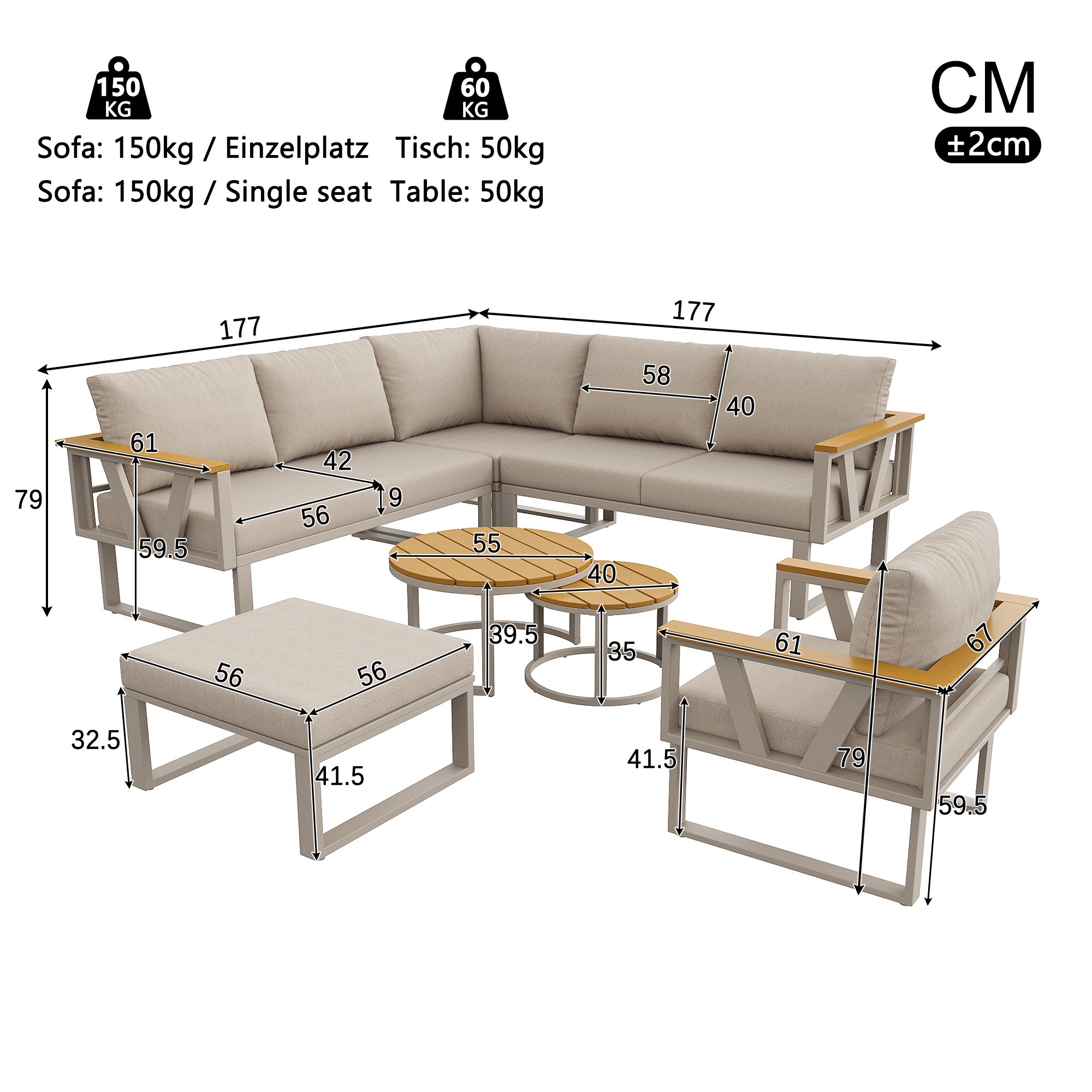 Salon de jardin modulable en fer 6 places : 1 canapé 3 places + 1 canapé 2 places + 1 fauteuil + 1 tabouret + tables basses gigognes - Beige - 5