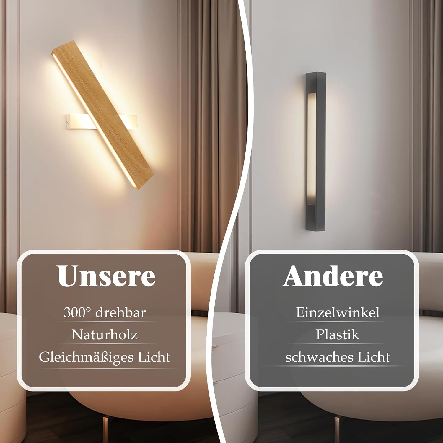 NETTLIFE Applique LED 52cm Legno Moderna, Design Su e Giù 17W Bianco Caldo 3000K, Luce Indiretta per Soggiorno Camera da Letto Corridoio Scale - 3