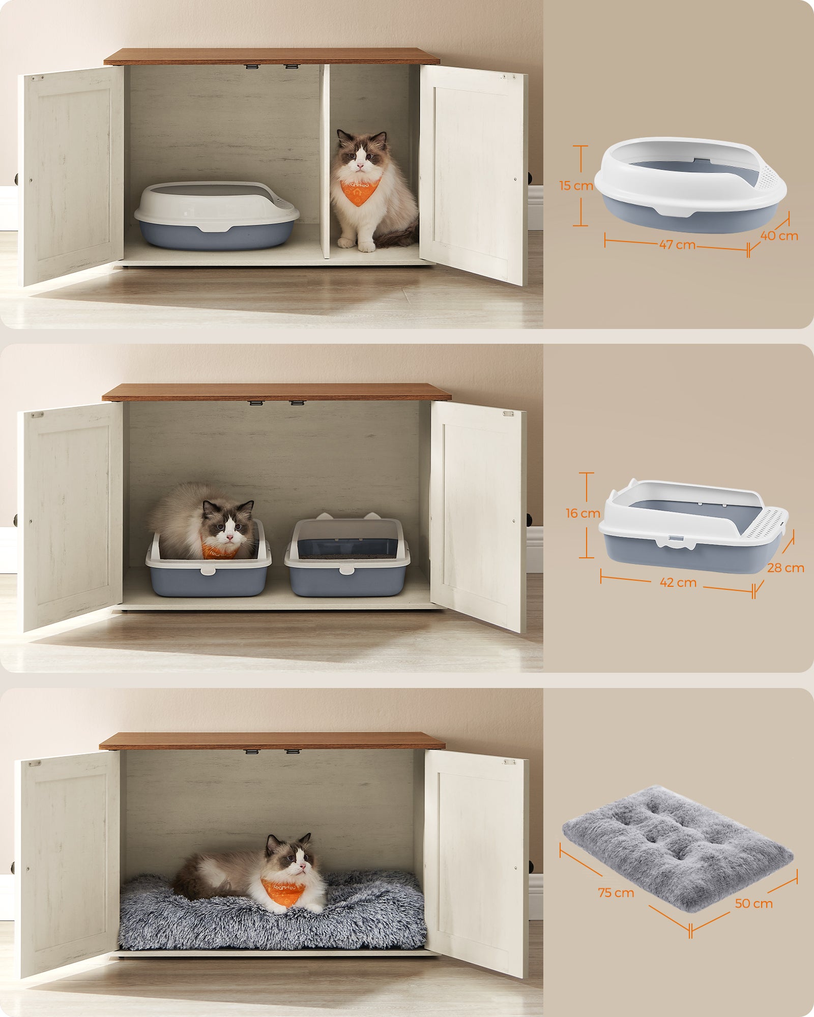 Maison de Toilettes pour Chat, Niche, Meuble Litière Chat, Table Basse, 80 x 53 x 50 cm, Marron Miel et Blanc Rustique - 3