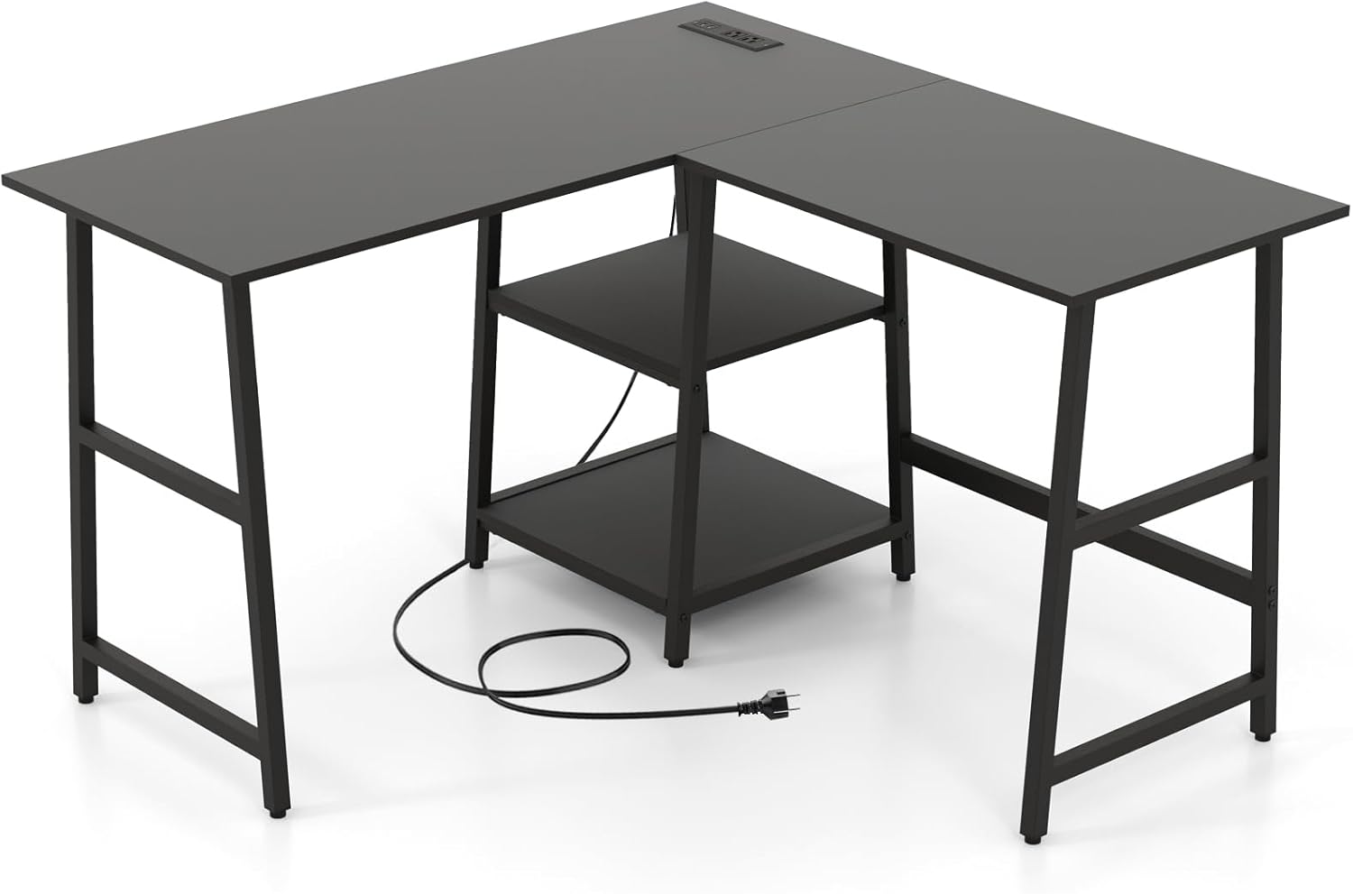 Biurko Narożne w Kształcie Litery L 120 x 120 x 75 cm, Gniazdka Elektryczne, Porty USB, Kompaktowe Miejsce Pracy, na Jednostkę Centralną (Czarna)