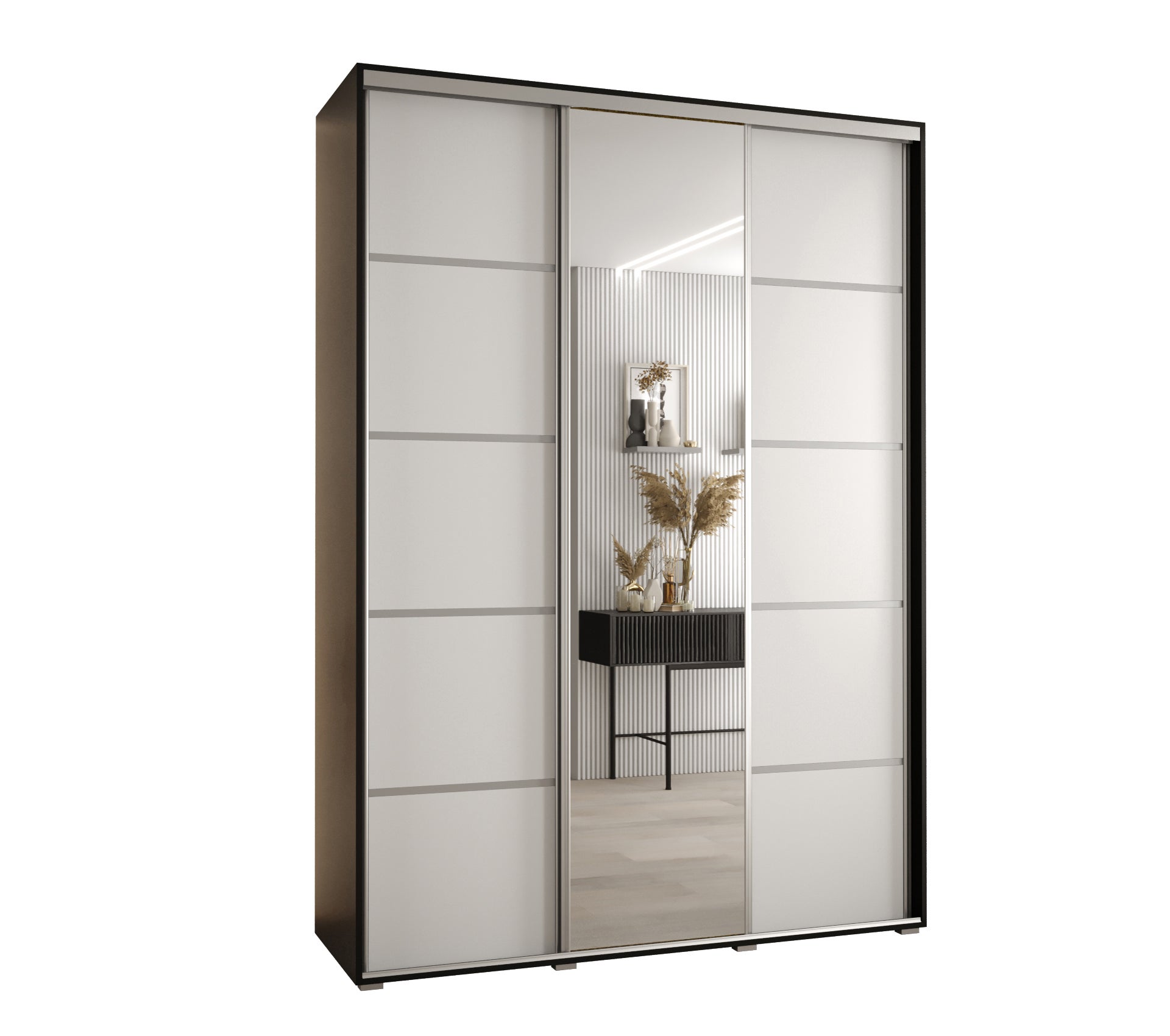Szafa przesuwna z lustrem wysoka Davos 5 170 x 60 x 235,2 cm czarny + biały + u. srebrny - Abiks Meble
