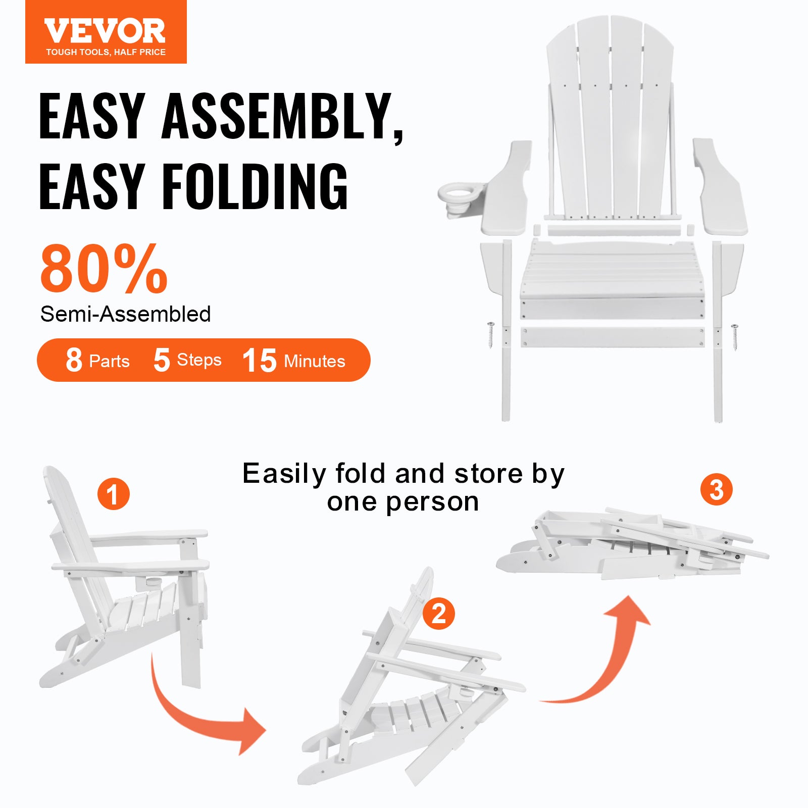 VEVOR Repose-pieds Pliable Adirondack En PEHD Gris - 430x480x330 Mm, Résistant Aux Intempéries, Montage En 4 Étapes, Idéal Pour Chaise Adirondack Extérieur