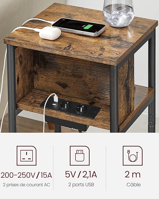 Table d'Appoint , Lot de 2, Petite Table de Chevet avec Multiprise, 30 x 34 x 58 cm, Marron Rustique et Noir - 3