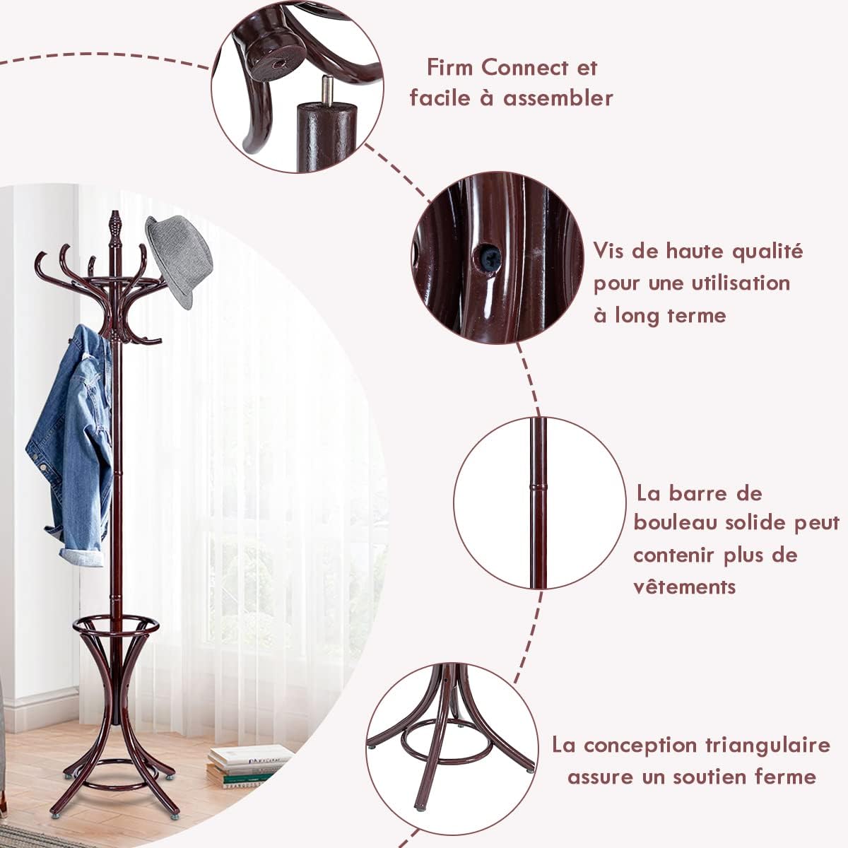 Porte Manteau sur Pieds avec 12 Crochets en Bois Massif, Base à 4 Pieds Stable, Portant à Vêtement pour Manteaux Chapeaux Parapluie, 51 x 51 x 184 CM - 6