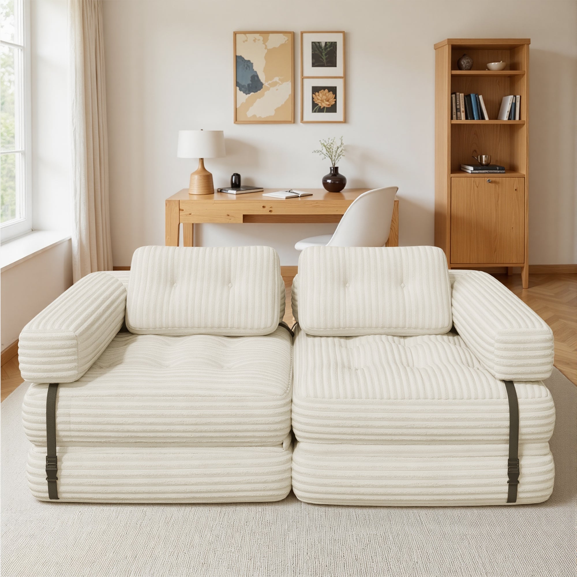 Bealife Sofá Conversível Poltrona-Cama Individual em L Branco Veludo Cotelado Travesseiro Longo 85 x 85 cm - 6