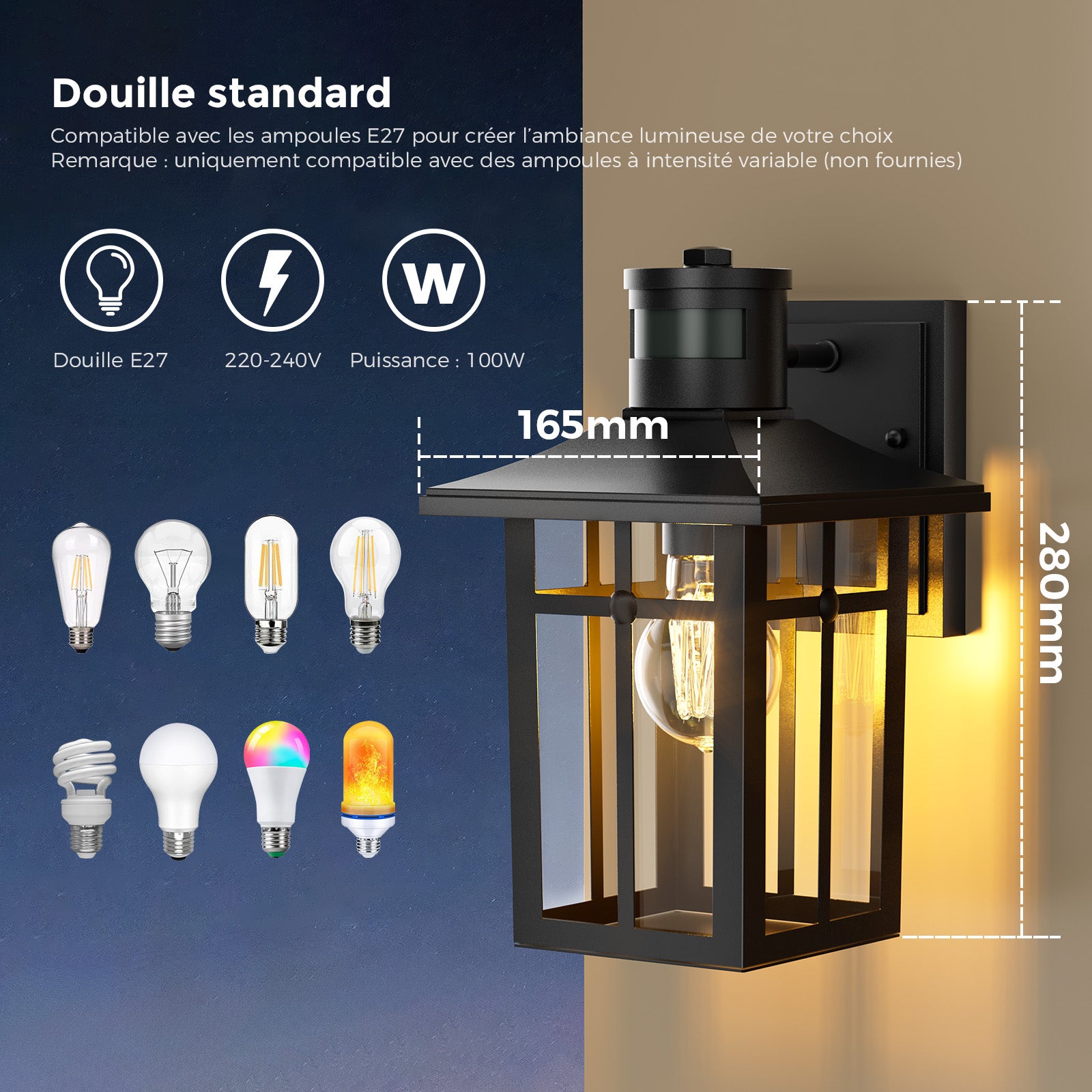 Applique murale extérieure rétro en alliage d’aluminium moulé sous pression, IP44, avec capteur de mouvement, douille E27, pour jardin, garage, porche - 7