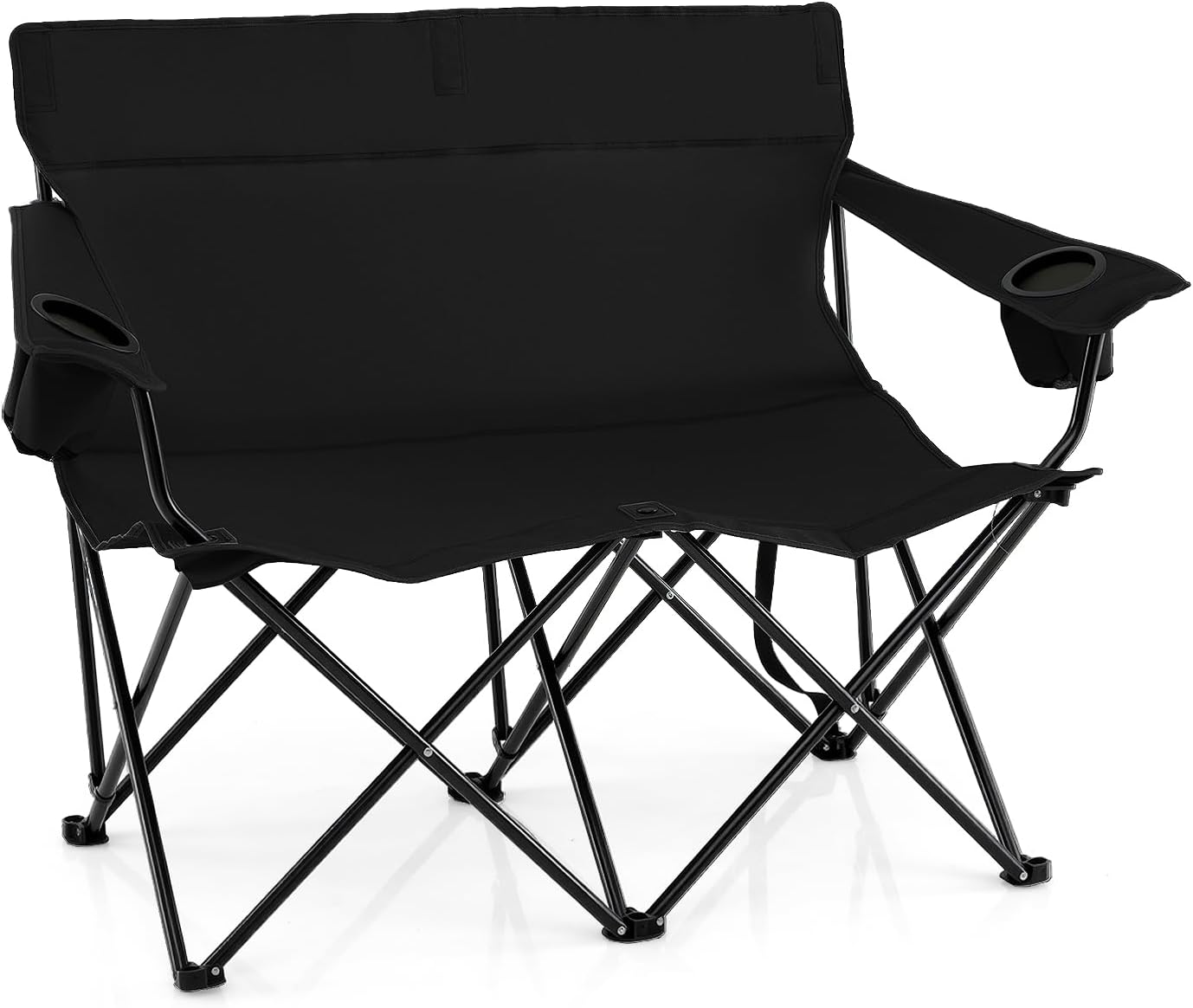 Krzesło Kempingowe 2-Osobowe, z Wygodnym Oparciem, Podłokietnikami z Bocznymi Kieszeniami, Idealne na Imprezy Plenerowe, Podróże, Plażę (Czarne)