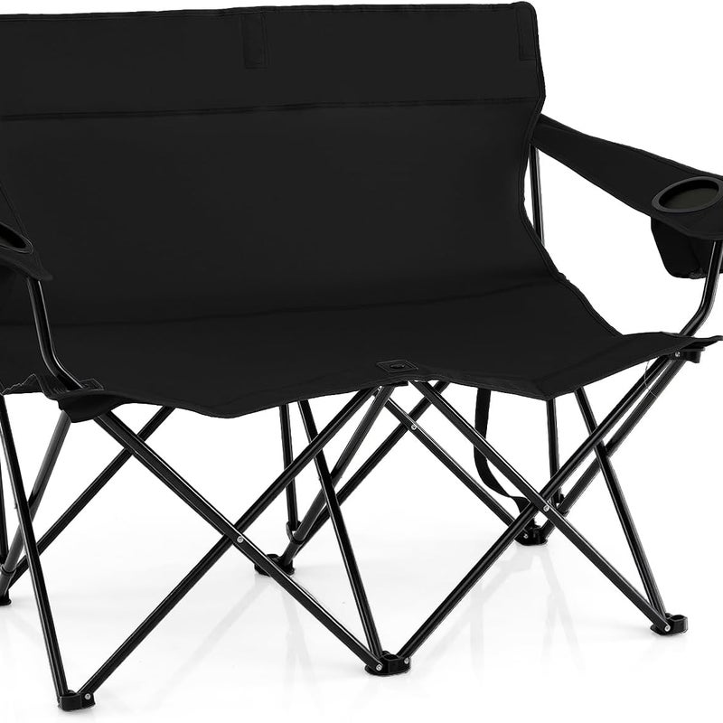 Krzesło Kempingowe 2-Osobowe, z Wygodnym Oparciem, Podłokietnikami z Bocznymi Kieszeniami, Idealne na Imprezy Plenerowe, Podróże, Plażę (Czarne)