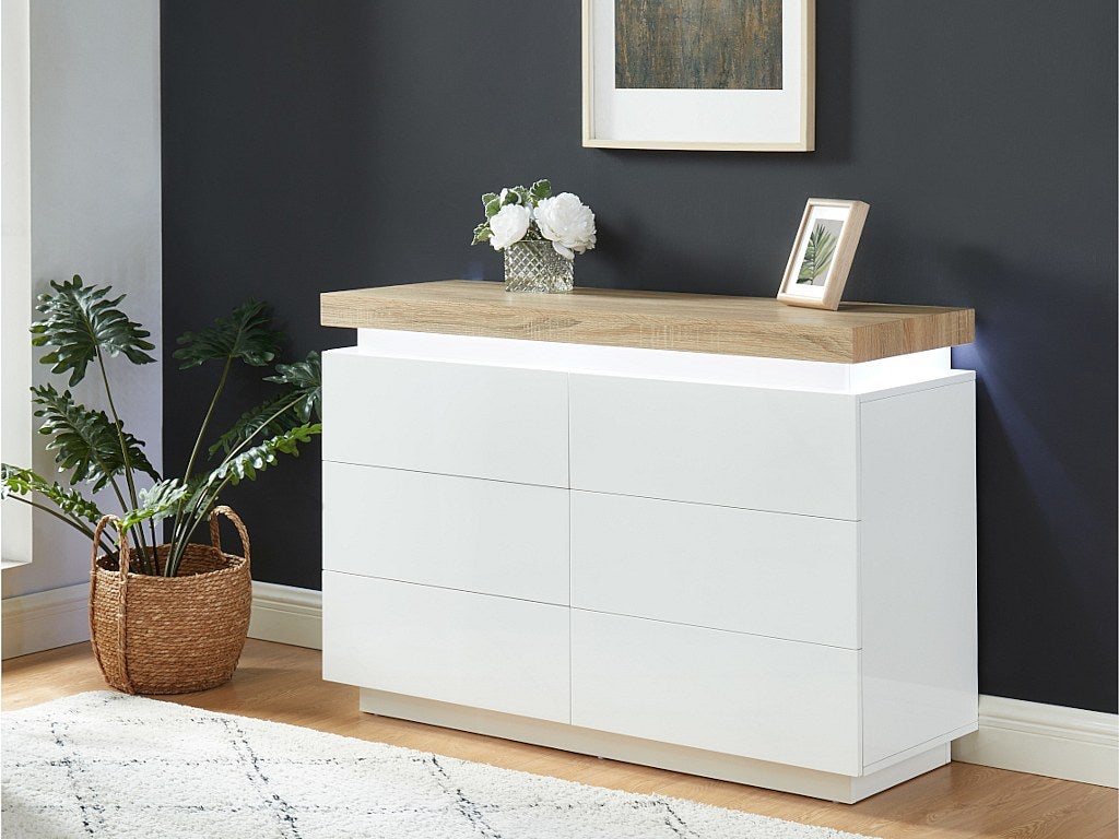 Komoda HALO II - 6 szuflad - lakierowane MDF - diody LED - Kolor: biały i dębowy.