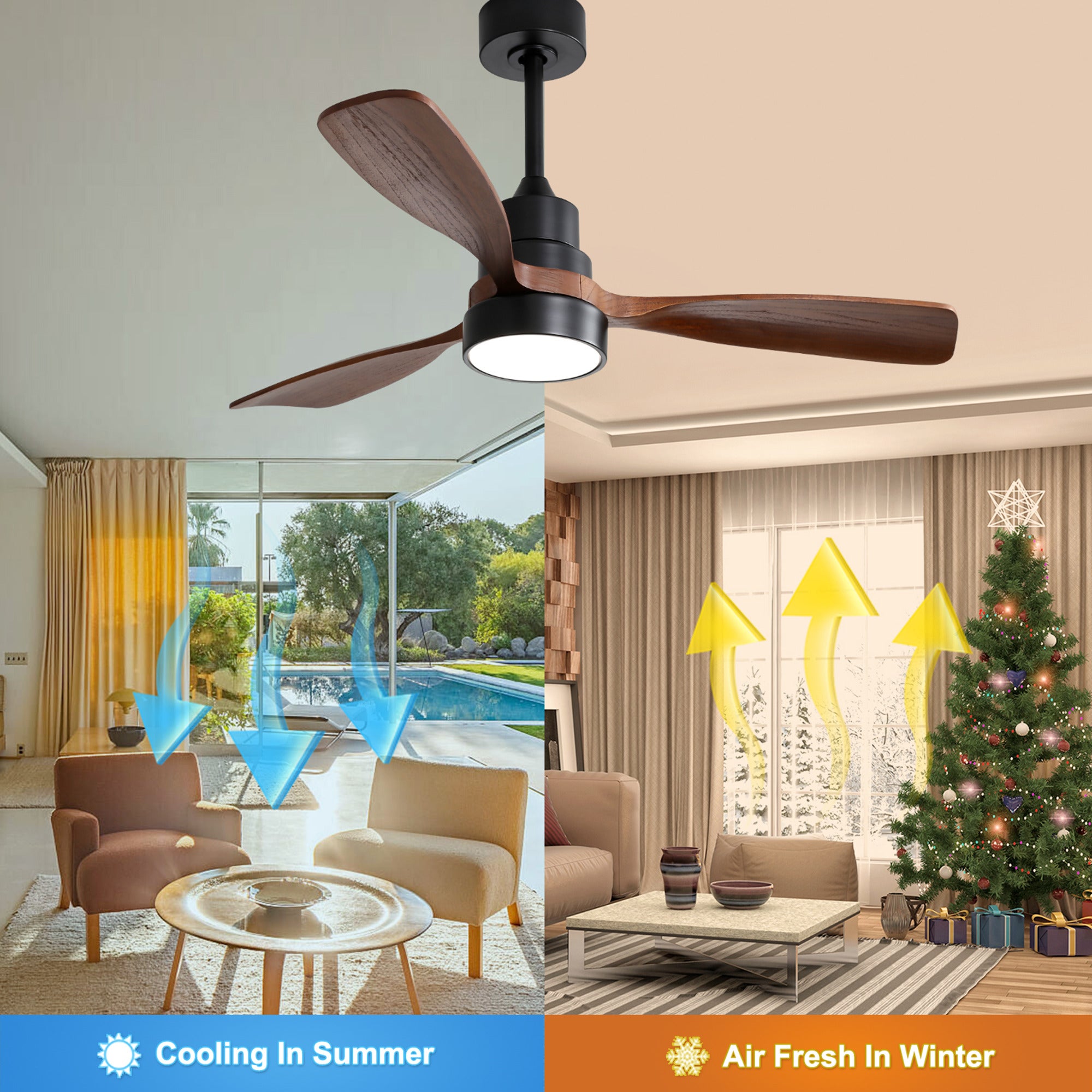 Ventilateur de Plafond Moderne 48 Pouces avec Lumière LED 18W, Pales en Bois Massif, Moteur DC Réversible à 6 Vitesses, Télécommande - 2