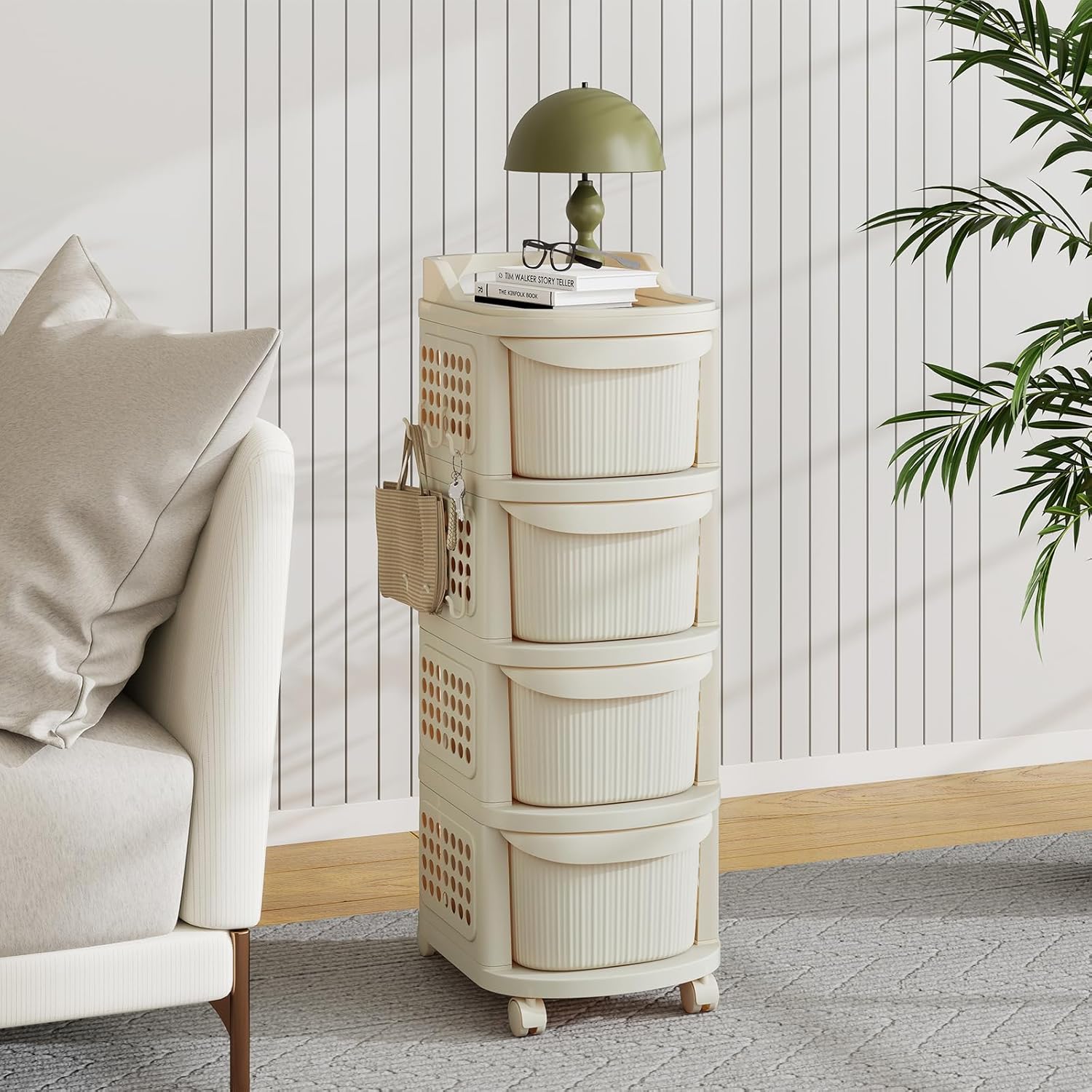 Carrello con 4 Cassetti, Contenitore in Plastica con Rotelle, 6 Ganci, Mobiletto Portaoggetti Mobile per Soggiorno, Cucina e Ufficio (BIANCO) - 2