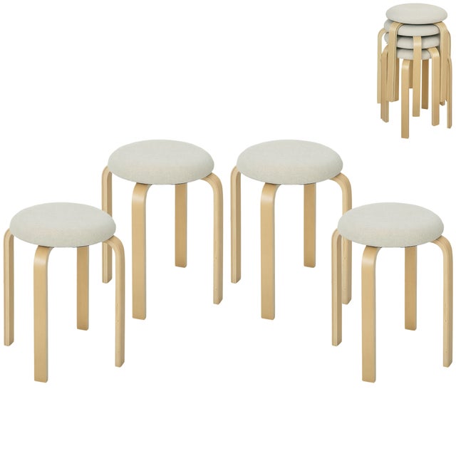 Lot de 4 tabourets rembourrés empilables en similicuir avec pieds en bois couleur crème
