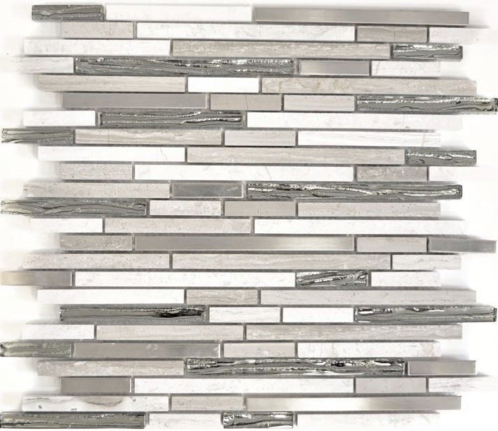 Mosaico de aspecto compuesto, mezcla de piedra translúcida, acero inoxidable, madera, blanco brillante - 10 láminas de mosaico