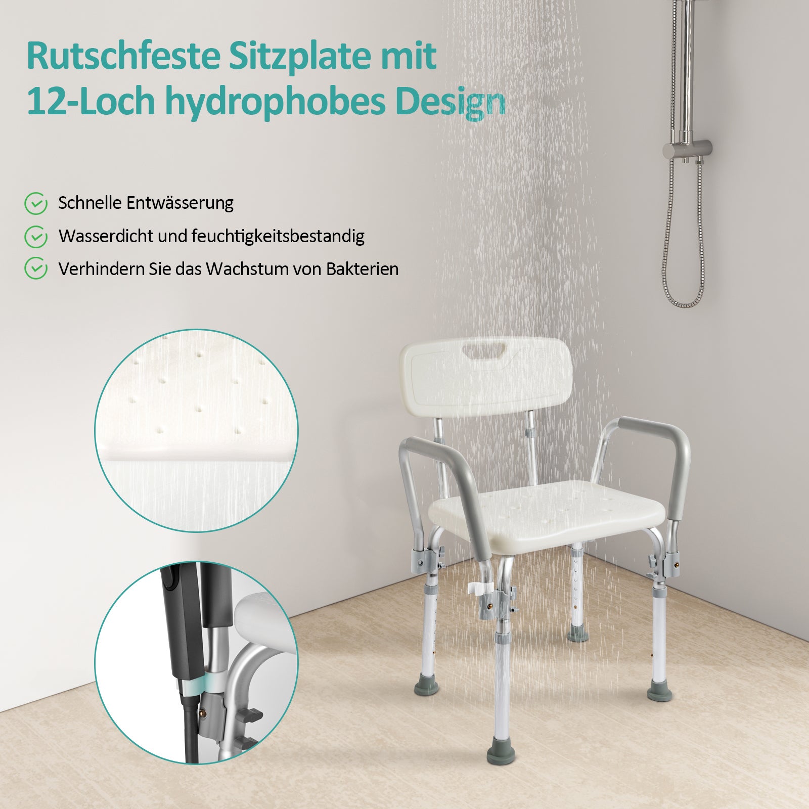 EMKE Sedia da doccia con schienale e braccioli, sedile per doccia regolabile in altezza, sgabello da doccia antiscivolo, capacità 135 kg, alluminio - 3