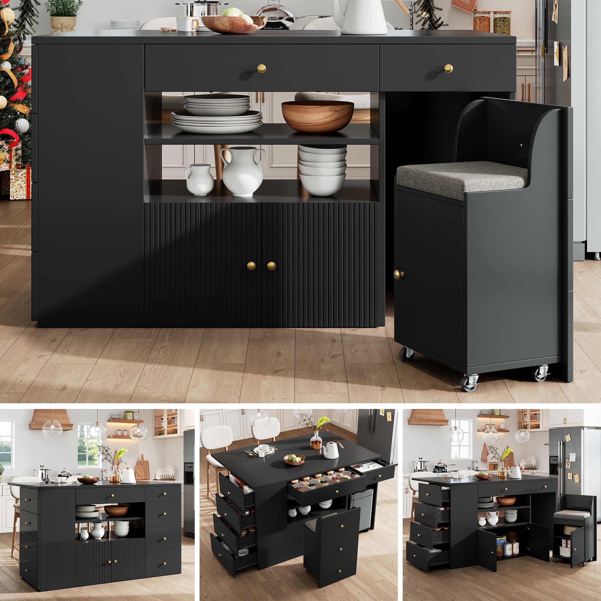 Isla de cocina móvil con mesa extensible - taburetes de bar, 6 cajones y 2 puertas - 140 x 40/70 x 89 cm - mdf - negro