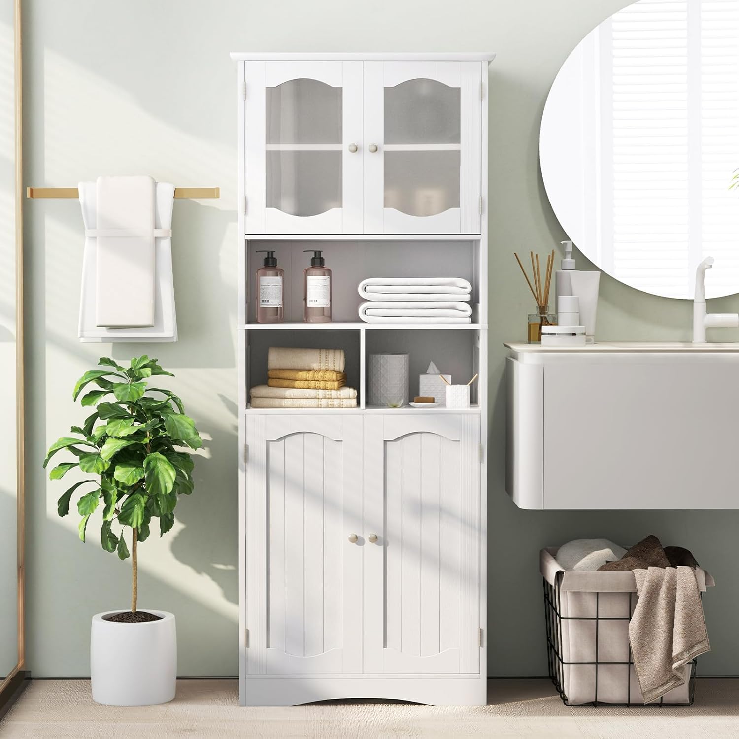 GIANTEX Armadio Alto Da Bagno 60x30x164 Cm In Grigio, Con Vetro Temperato E Ripiani Regolabili