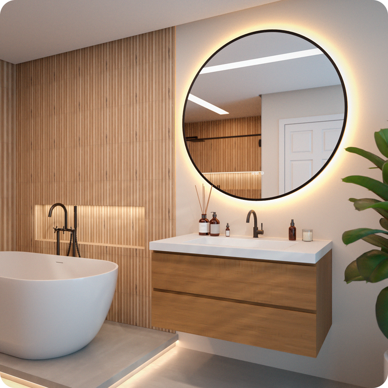 Miroir de salle de bain Mirlux avec éclairage LED et fonction chauffante - Miroir mural rond - Miroir de douche anti-condensation - Noir mat - 120 cm - 2