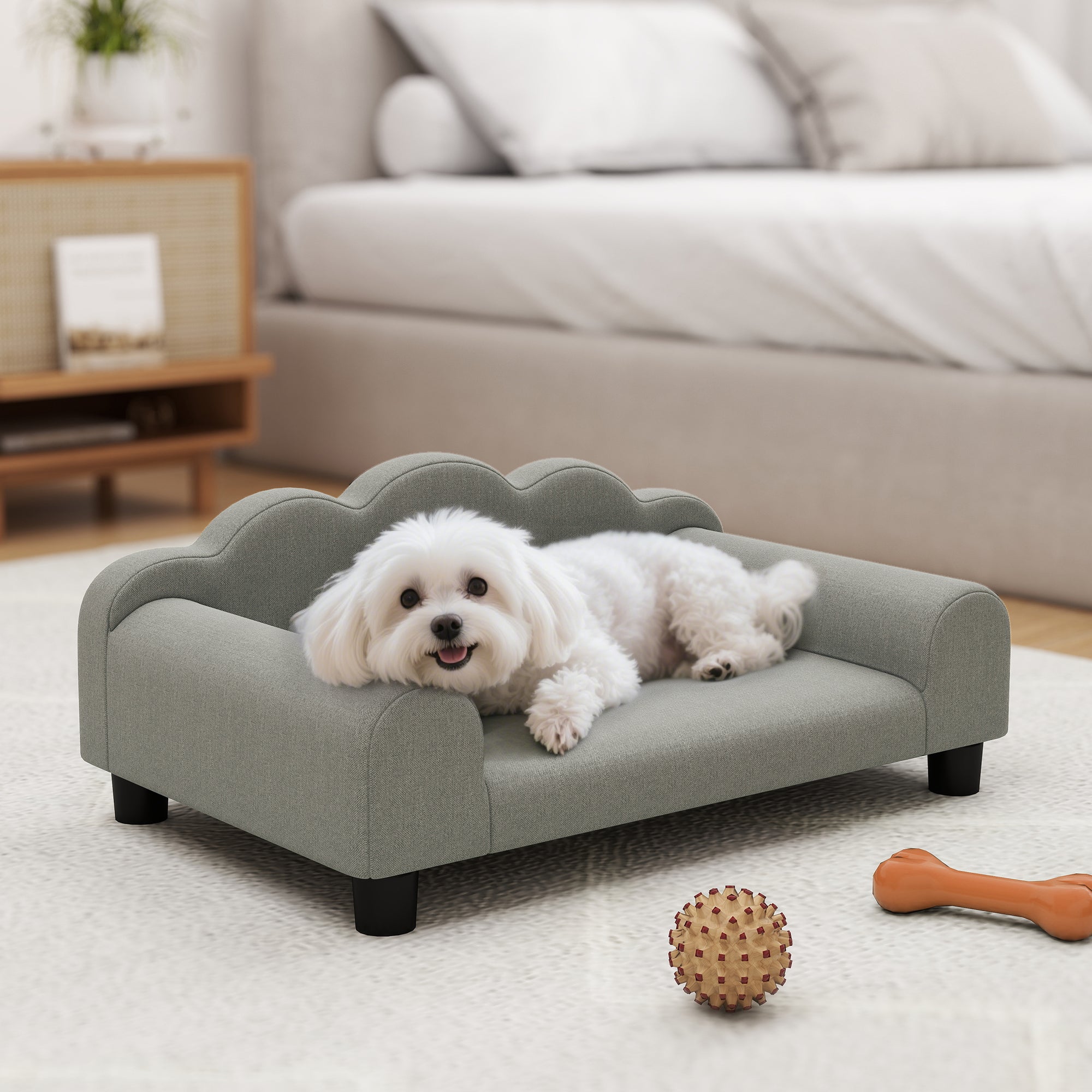 PawHut Divano per Cani con Braccioli di Supporto, in Legno e Tessuto French Terry, 66x42x28.5 cm, Grigio - 2