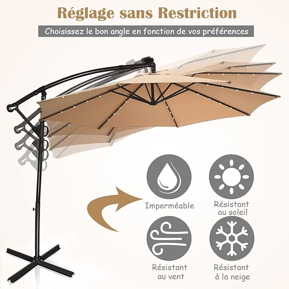 Parasol de Jardin D.300CM Rotatif à 360°-Parasol Inclinable avec 8 Baleines et 32 LED Solaires,pour Jardin/Terrasse,Beige - 2