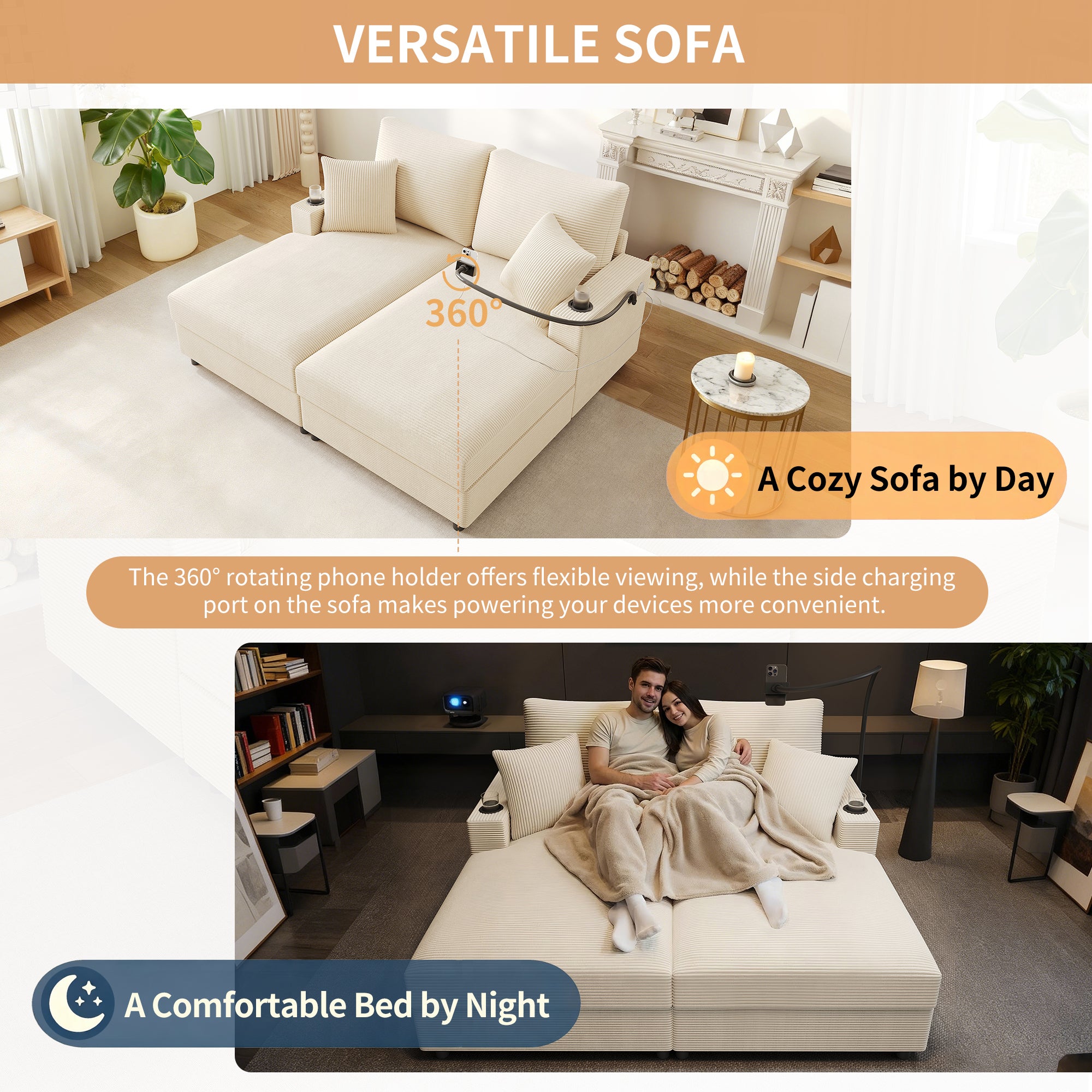 Canapé convertible multifonction 2 places avec port USB et porte-gobelet, banquette lit avec support téléphone pour salon ou bureau, 140cm, Beige - 6