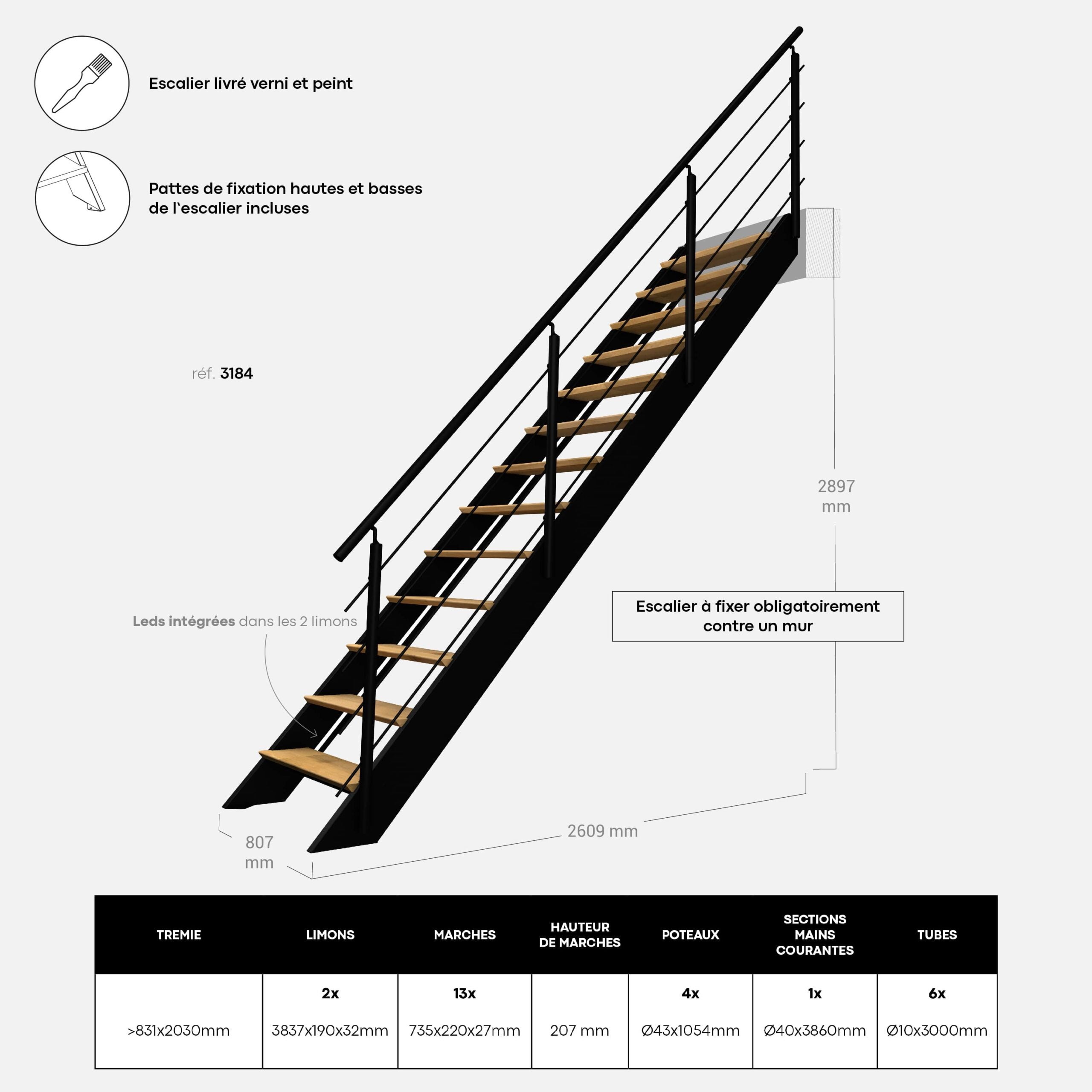 Escalier bois droit noir avec garde-corps à LED intégrées, Spectra KORDO - 3