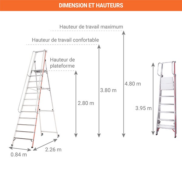 Escabeau grande plateforme 12 marches R13 - hauteur max de travail 4.80m - 868112 - 2
