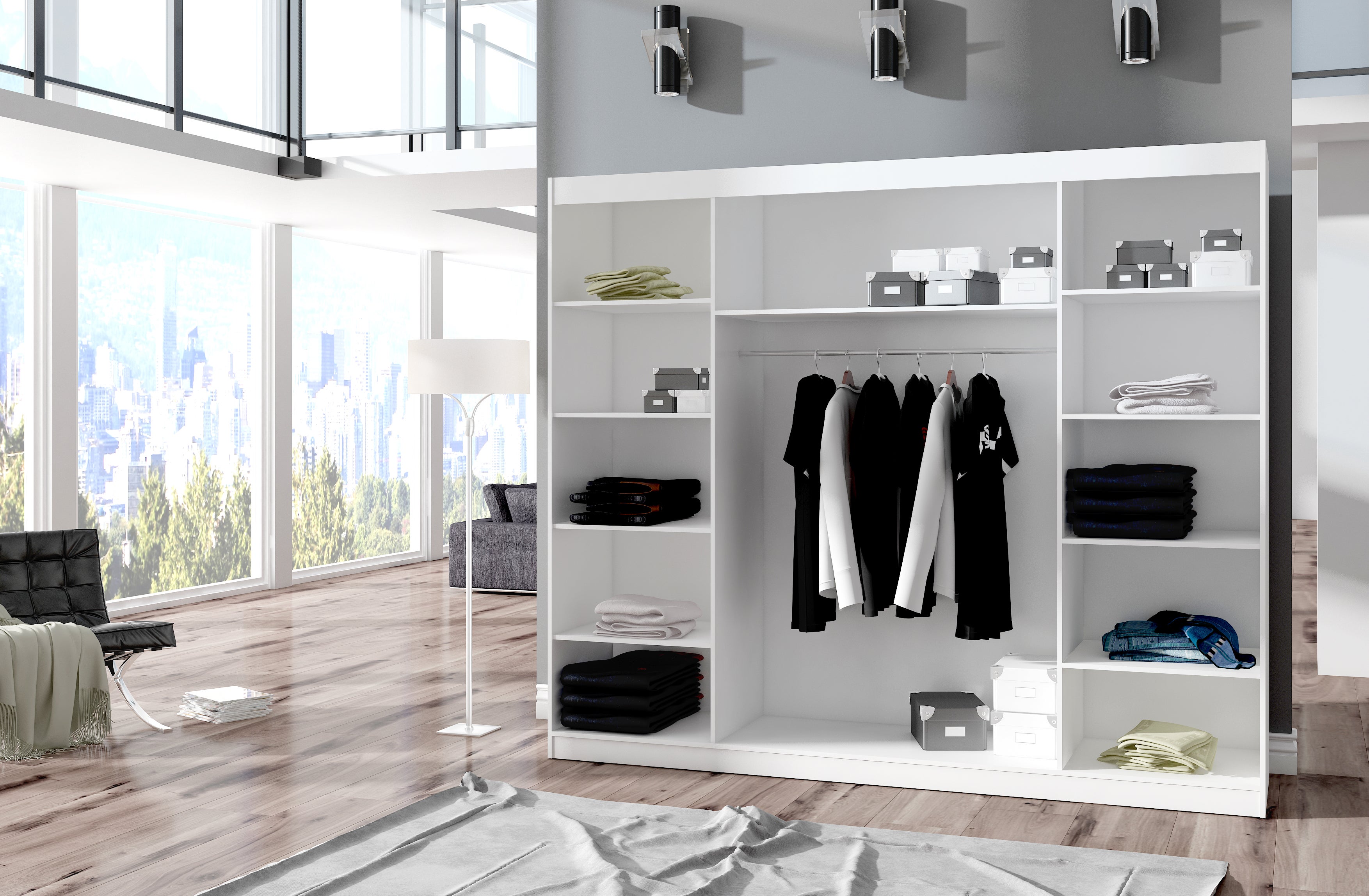 Grande armoire de chambre à coucher 3 portes coulissantes blanches et miroir Douko 250cm - 4