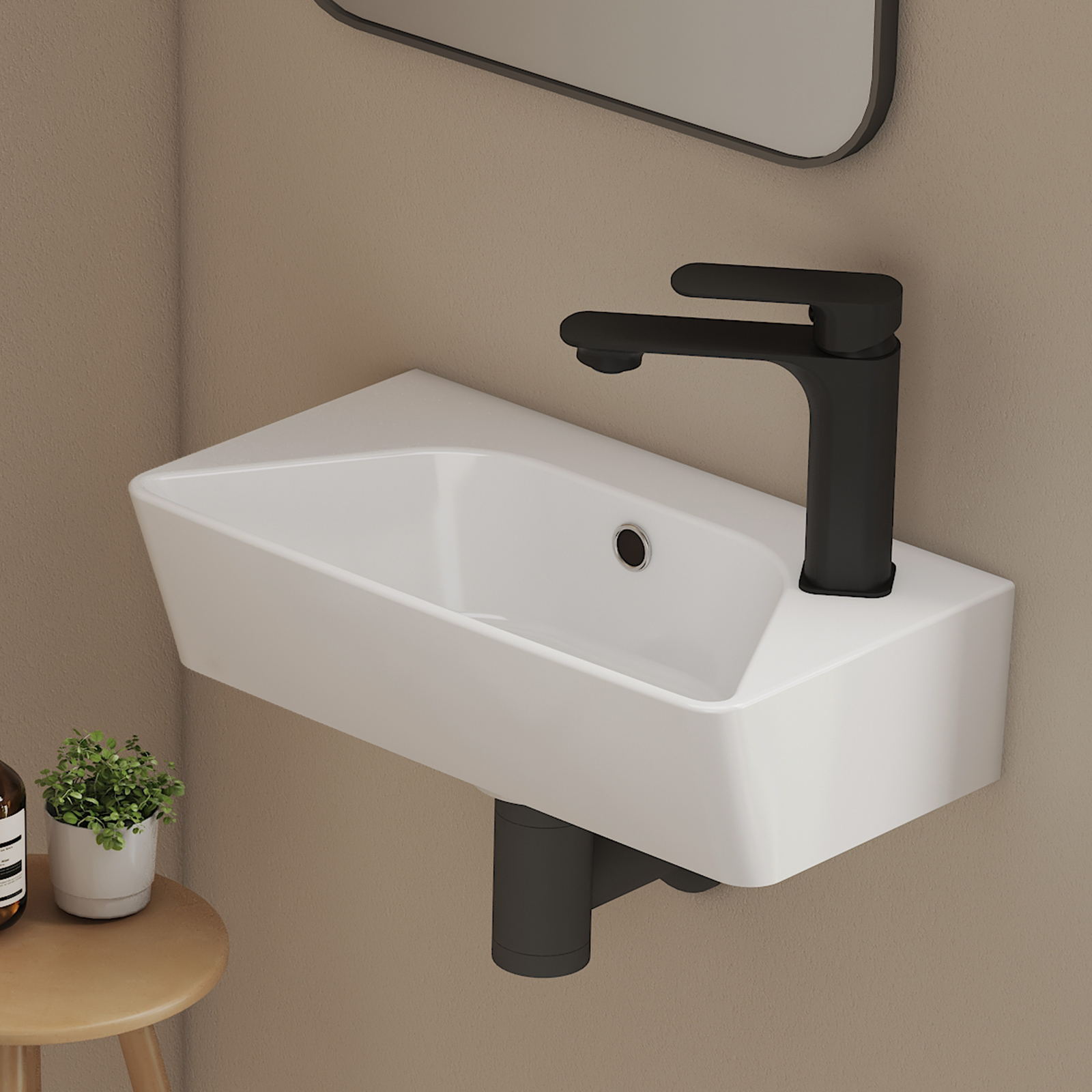 EMKE Umywalka ceramiczna 40x22,5x13 cm, Umywalka ścienna Compacto, otworem na baterię po prawej stronie, z przelewem, brylantowa biel